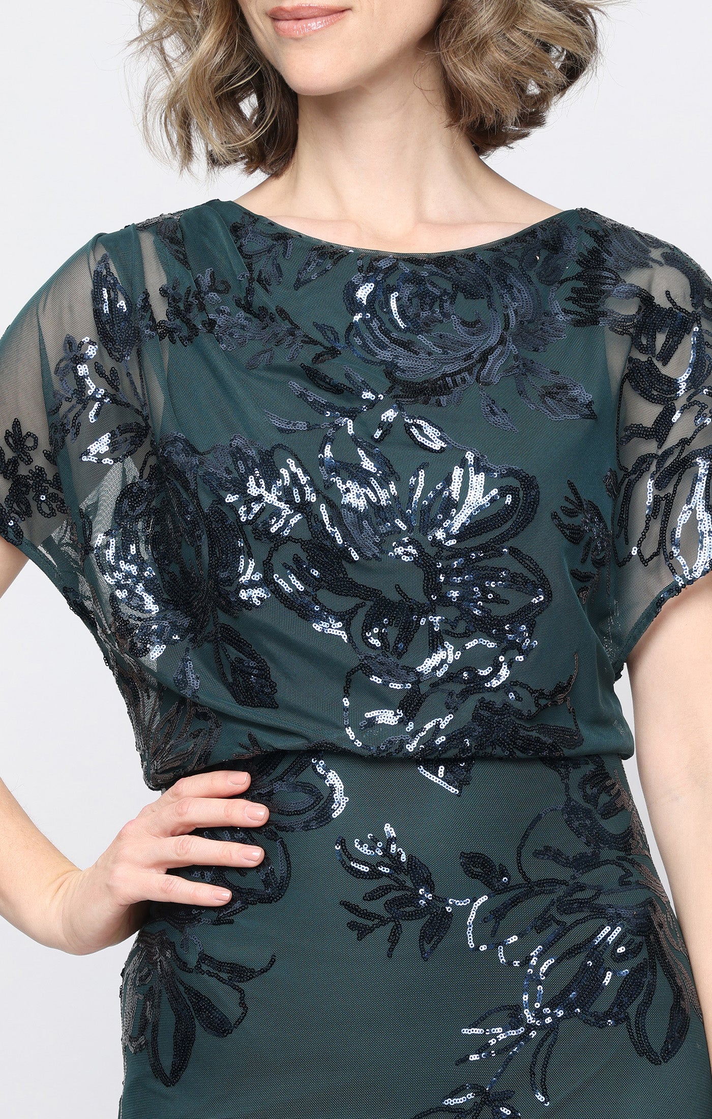 Long Power Mesh Sequin Blouson Dress with Flutter Sleeves