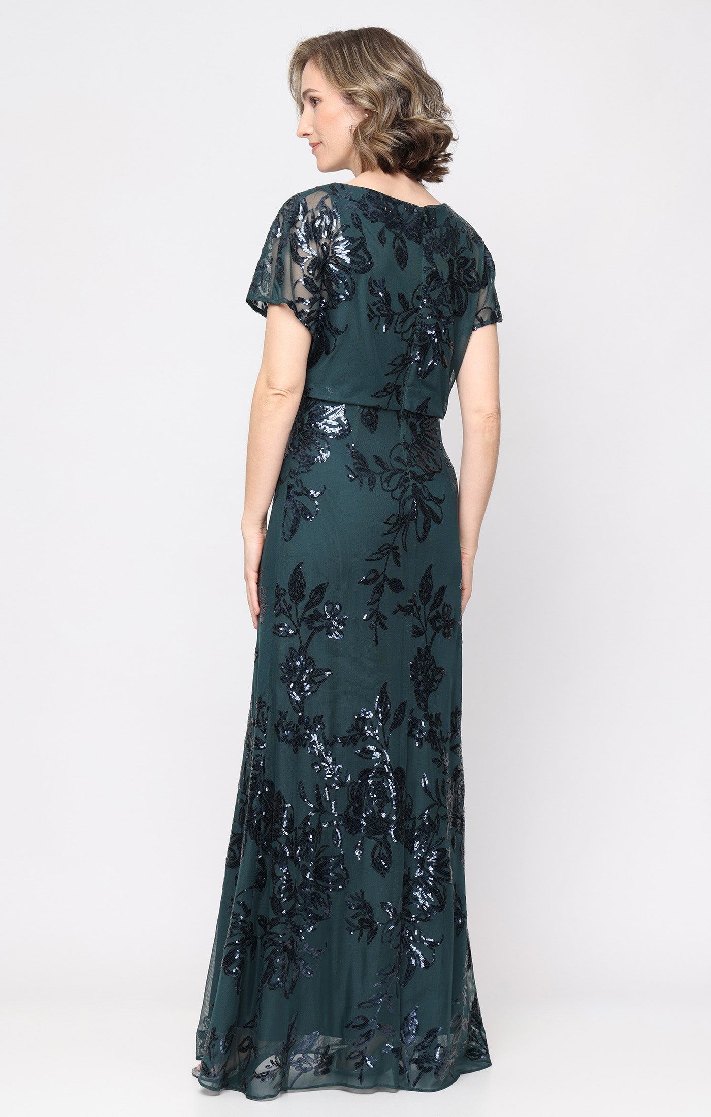 Long Power Mesh Sequin Blouson Dress with Flutter Sleeves
