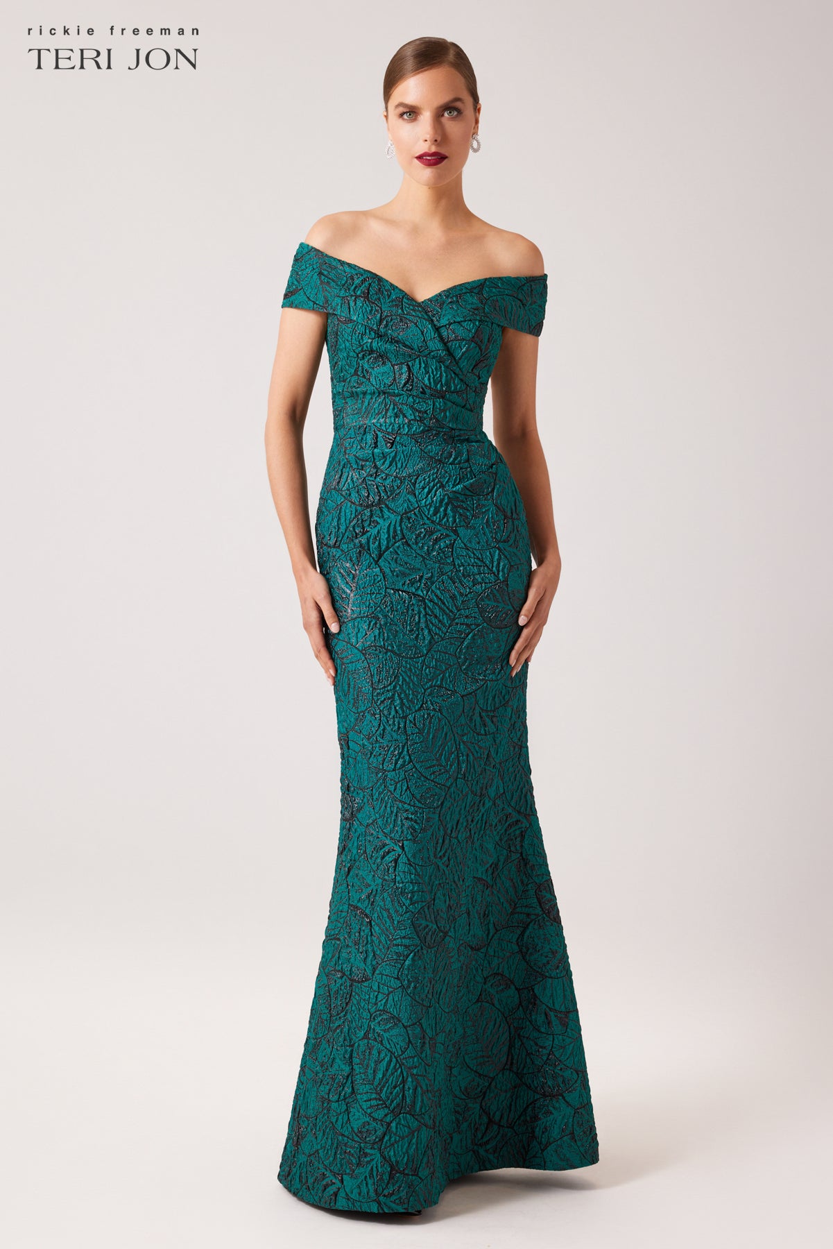 Metallic Jacquard Portrait Collar Side Drape Gown
