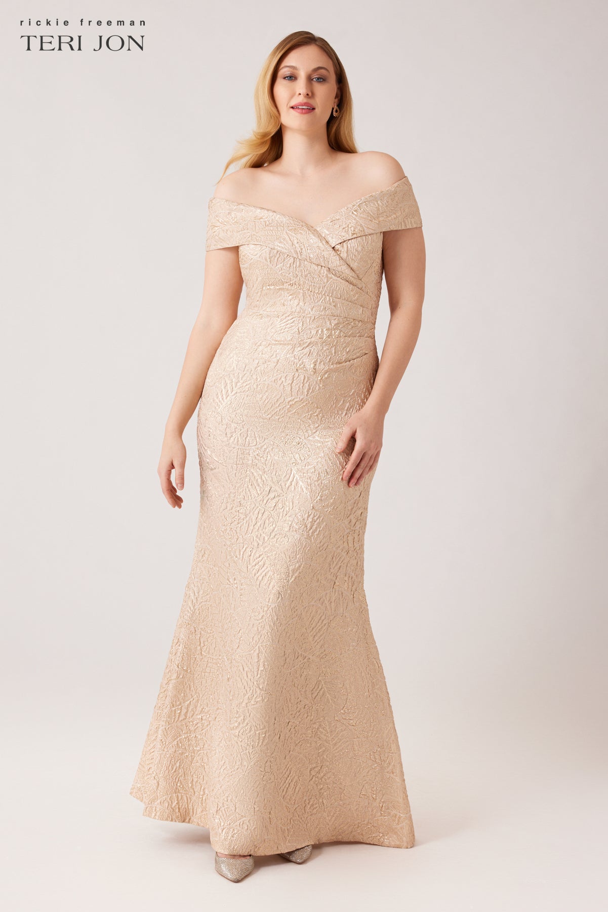 Metallic Jacquard Portrait Collar Side Drape Gown