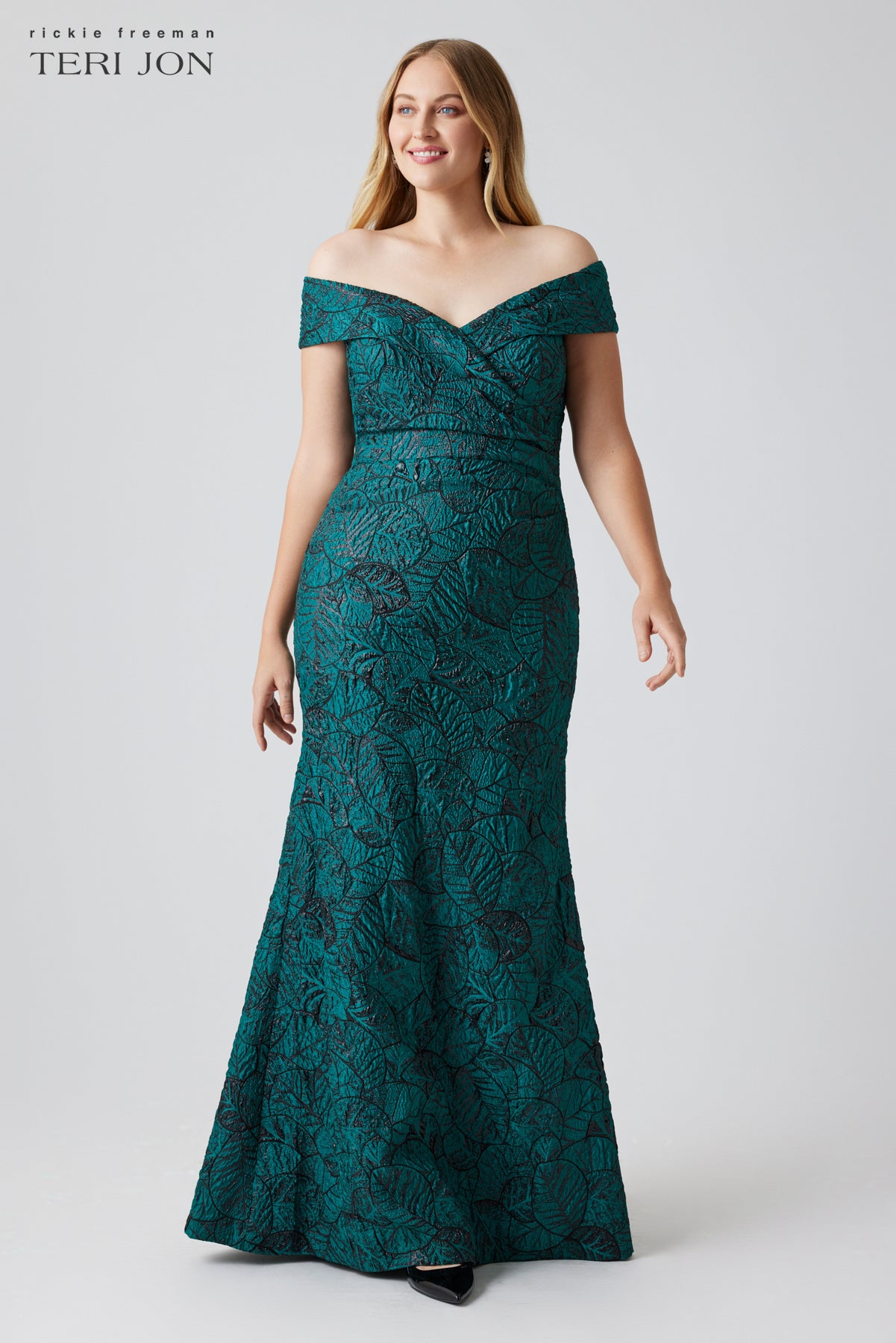 Metallic Jacquard Portrait Collar Side Drape Gown