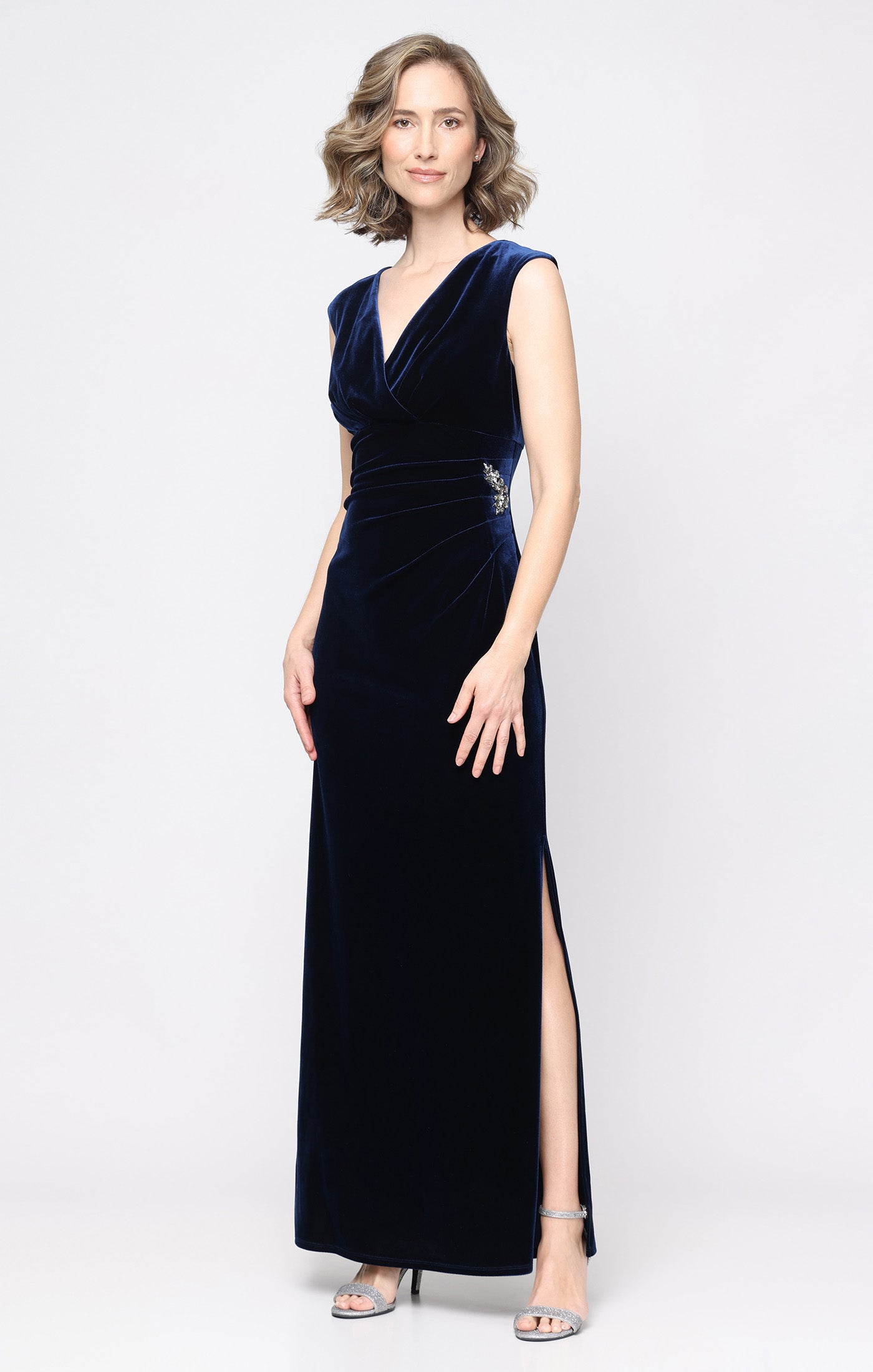 Long Velvet V-Neck Dress with Pointed Empire Waist and Embellishment Detail at Hip