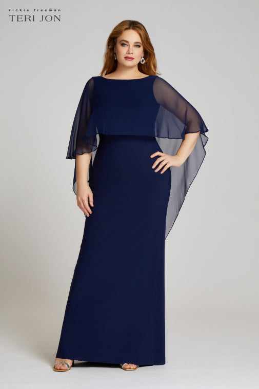 Scuba Gown with Chiffon Cape Overlay