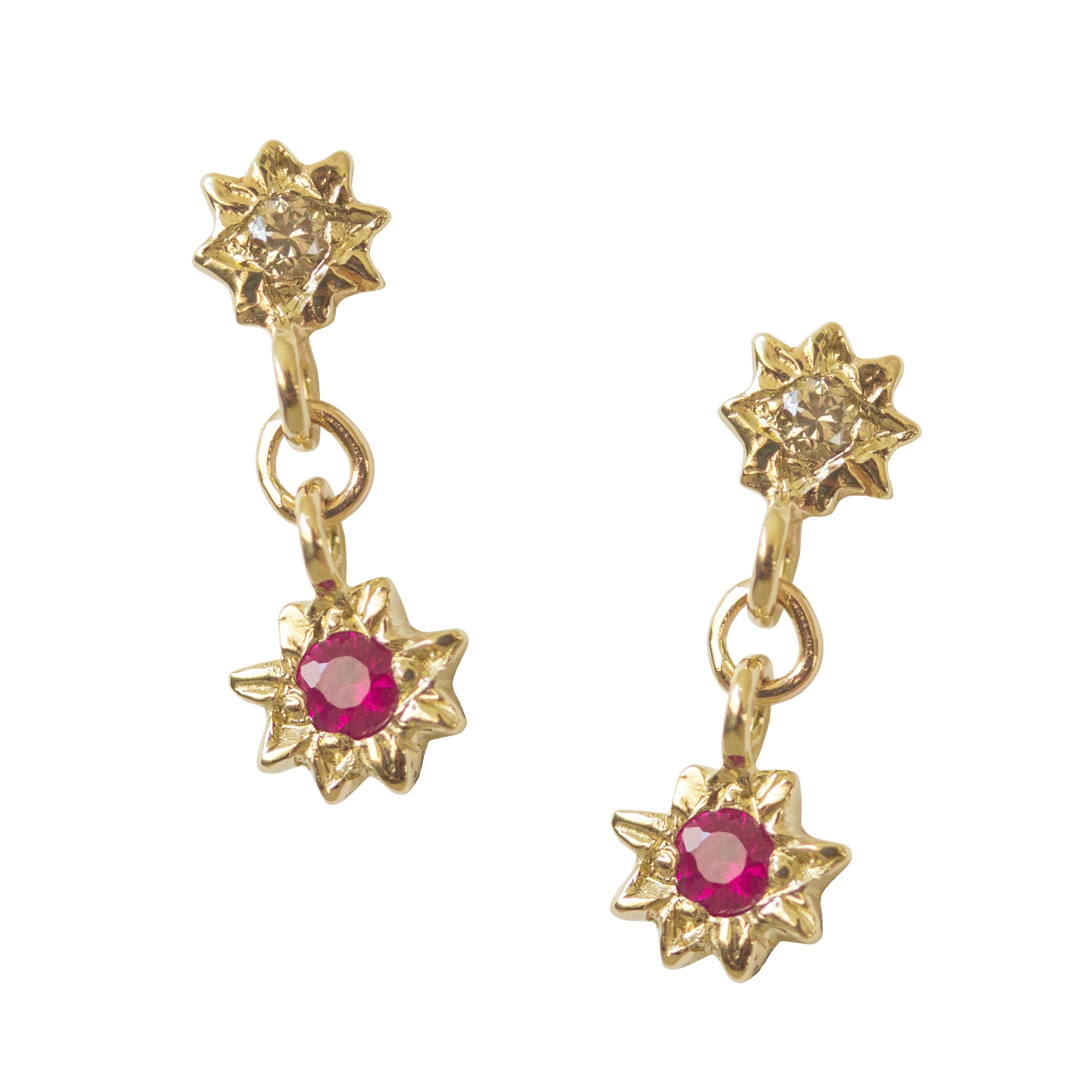 Starry Swing Ruby + Champagne Diamond Earrings