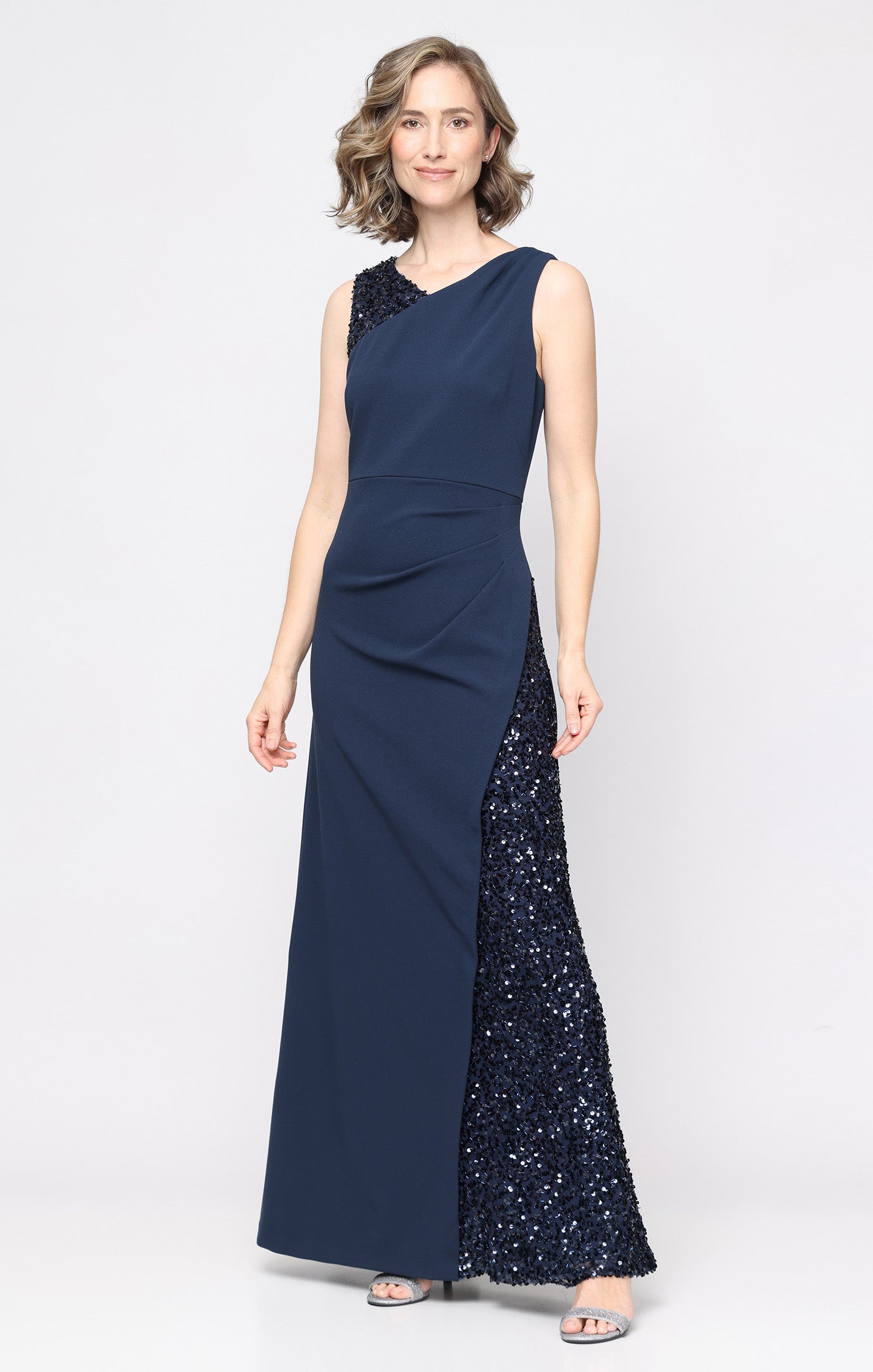 Long Sleeveless Stretch Crepe Dress with Sequin Panel Detail