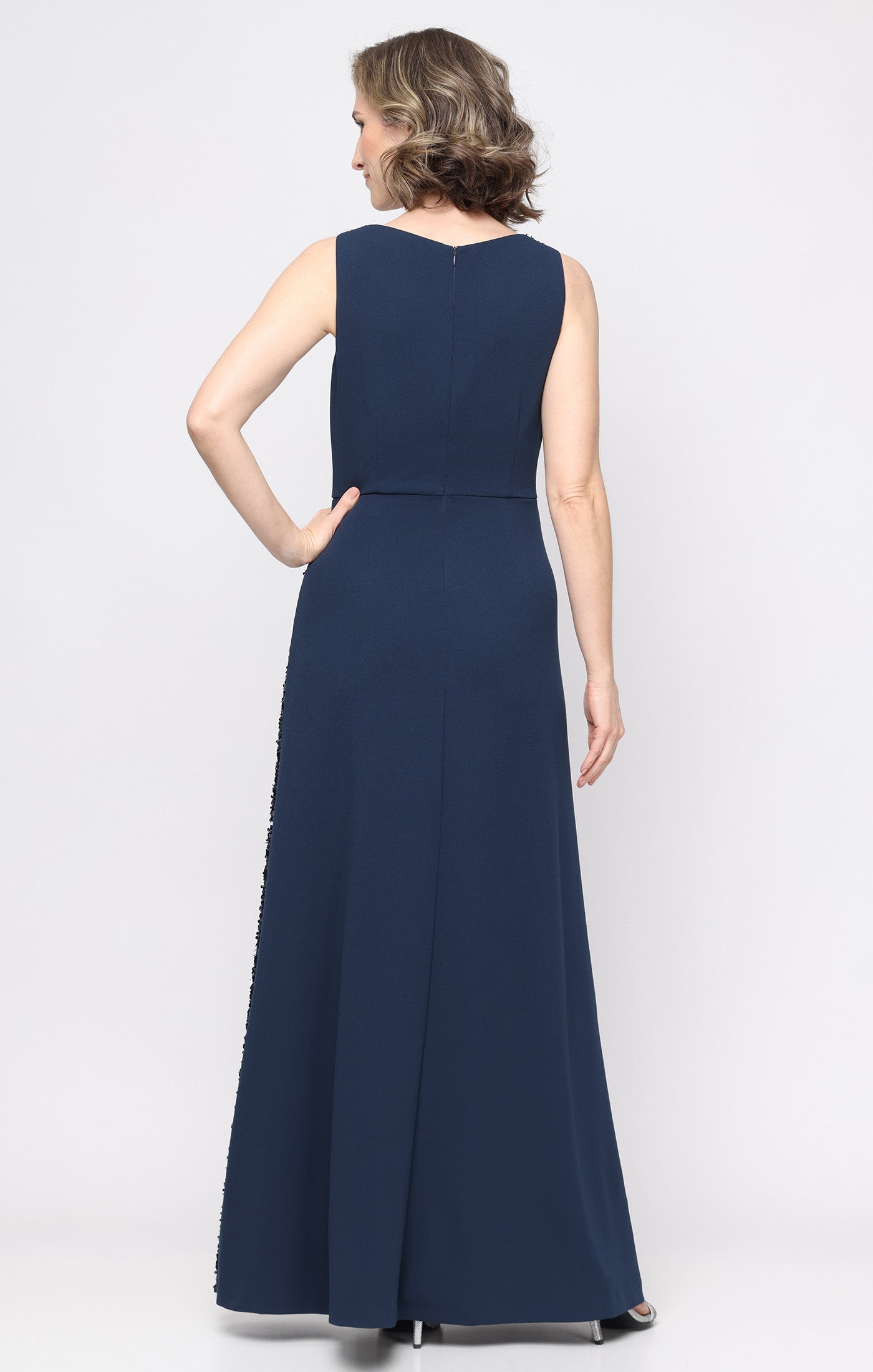 Long Sleeveless Stretch Crepe Dress with Sequin Panel Detail