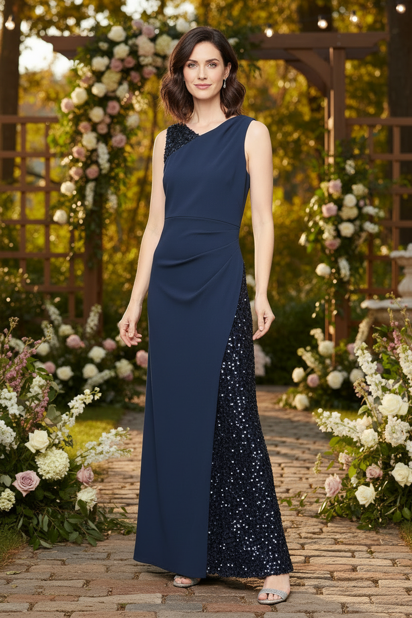Long Sleeveless Stretch Crepe Dress with Sequin Panel Detail