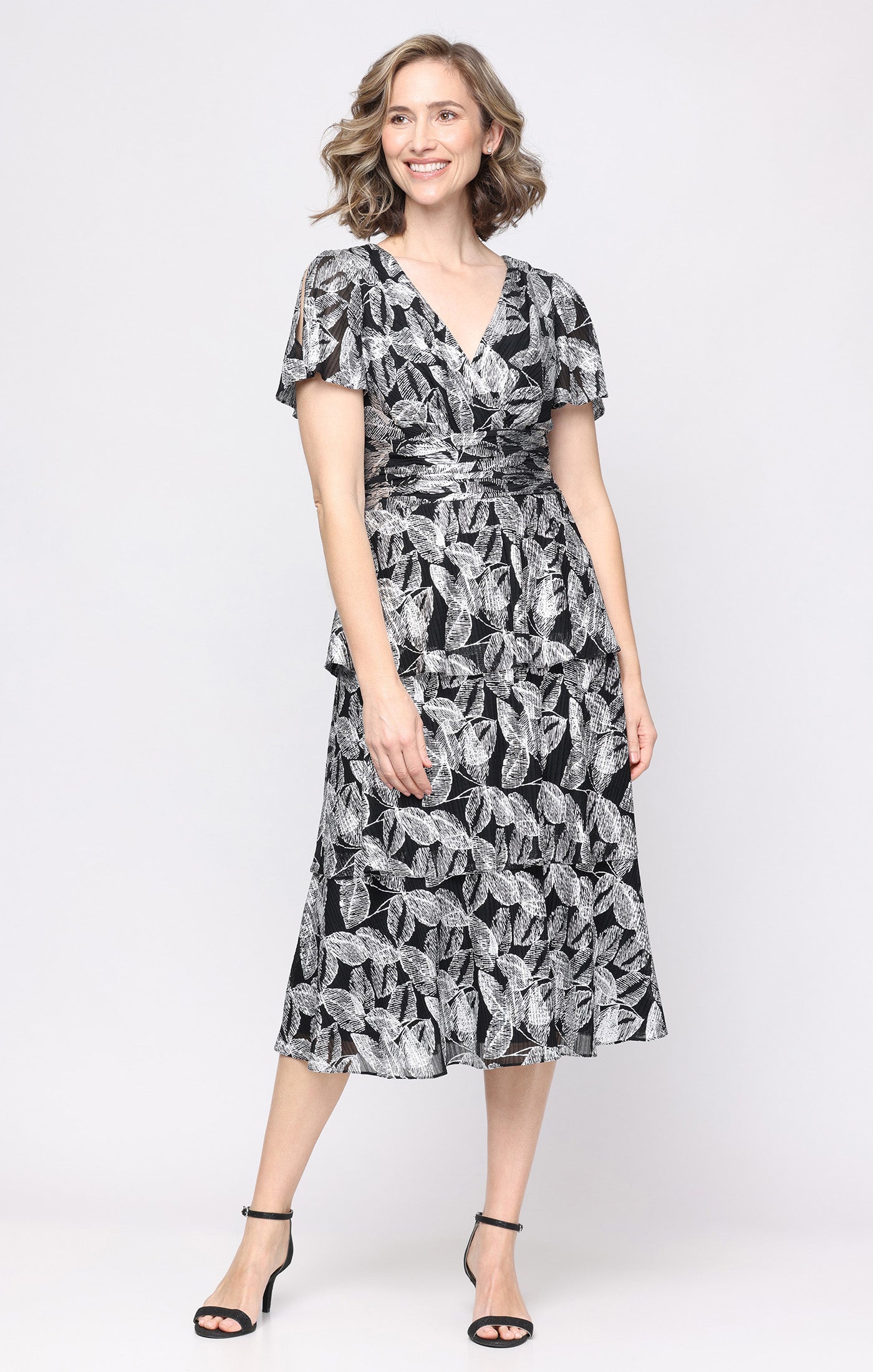 Tea Length Printed Foil Bodre Dress with Surplice Bodice, Ruched Waist and Flutter Sleeves