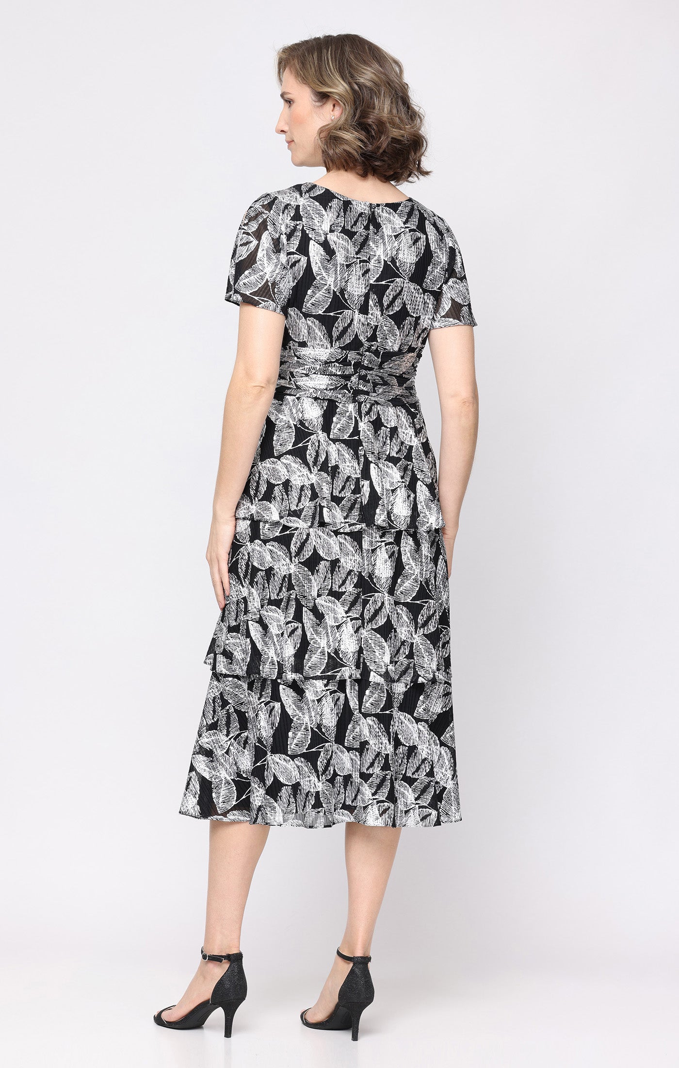 Tea Length Printed Foil Bodre Dress with Surplice Bodice, Ruched Waist and Flutter Sleeves
