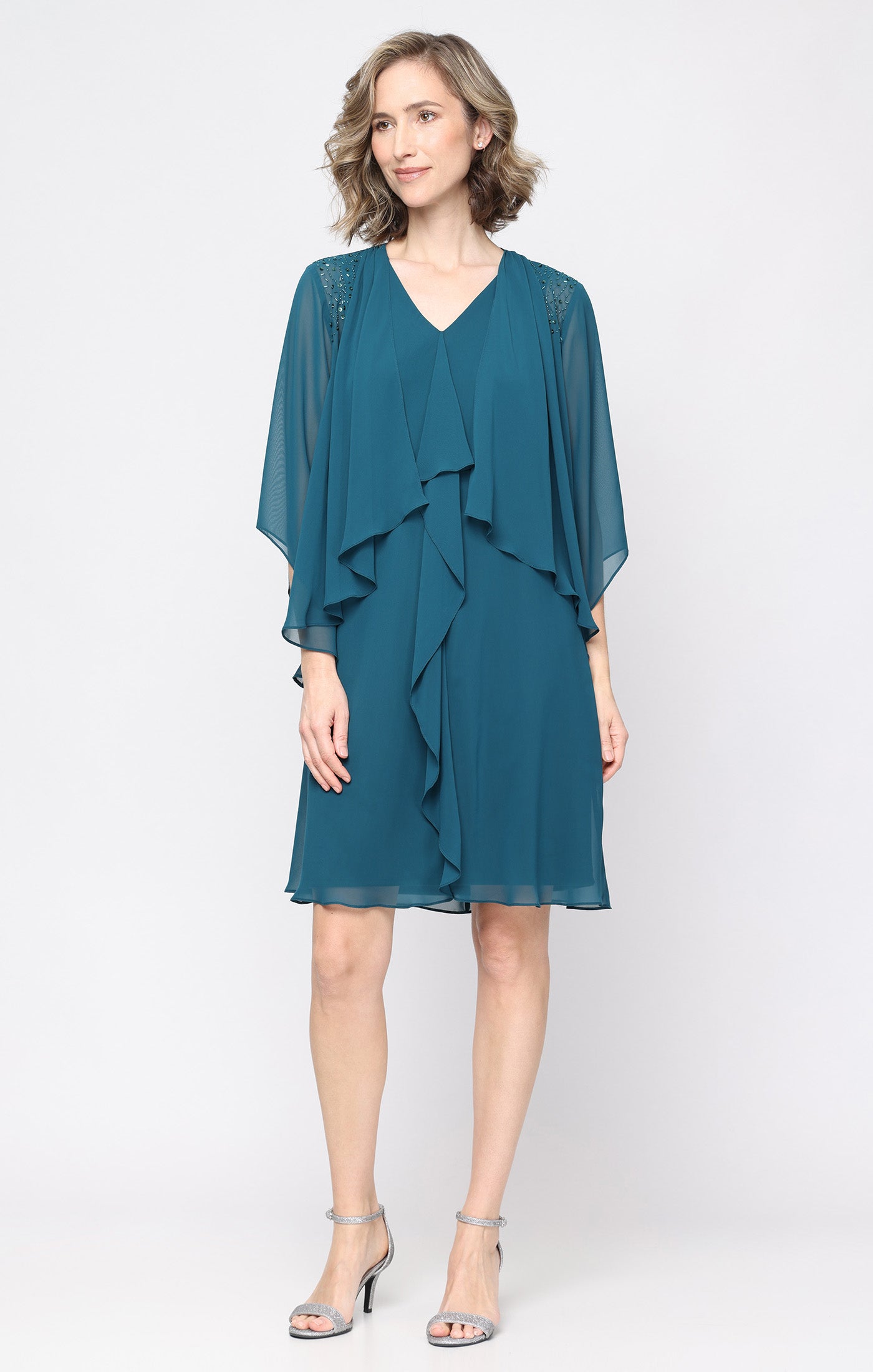 Short V-Neck Chiffon Jacket Dress with Front Cascade Detail and Beaded Shoulder