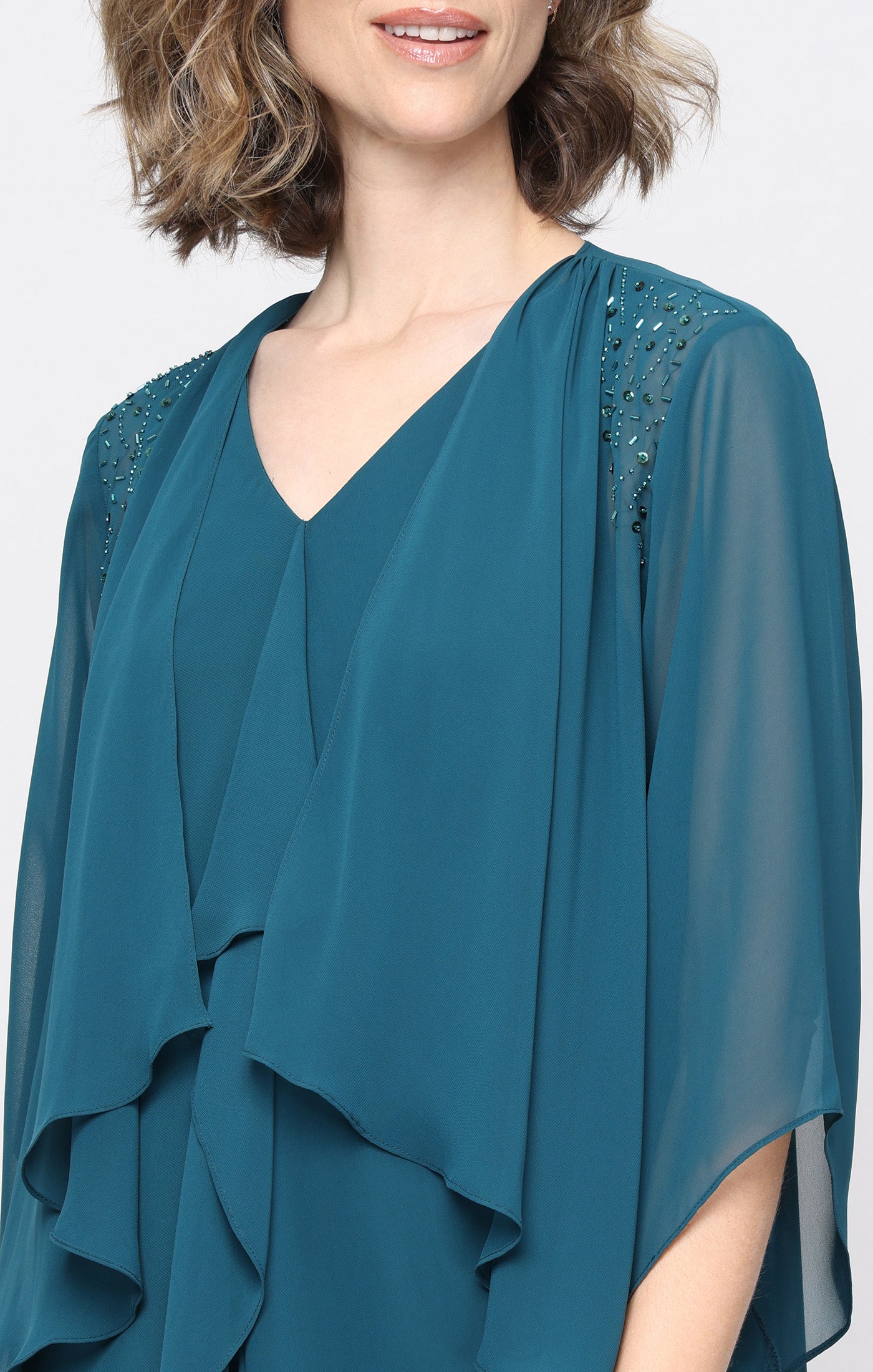 Short V-Neck Chiffon Jacket Dress with Front Cascade Detail and Beaded Shoulder