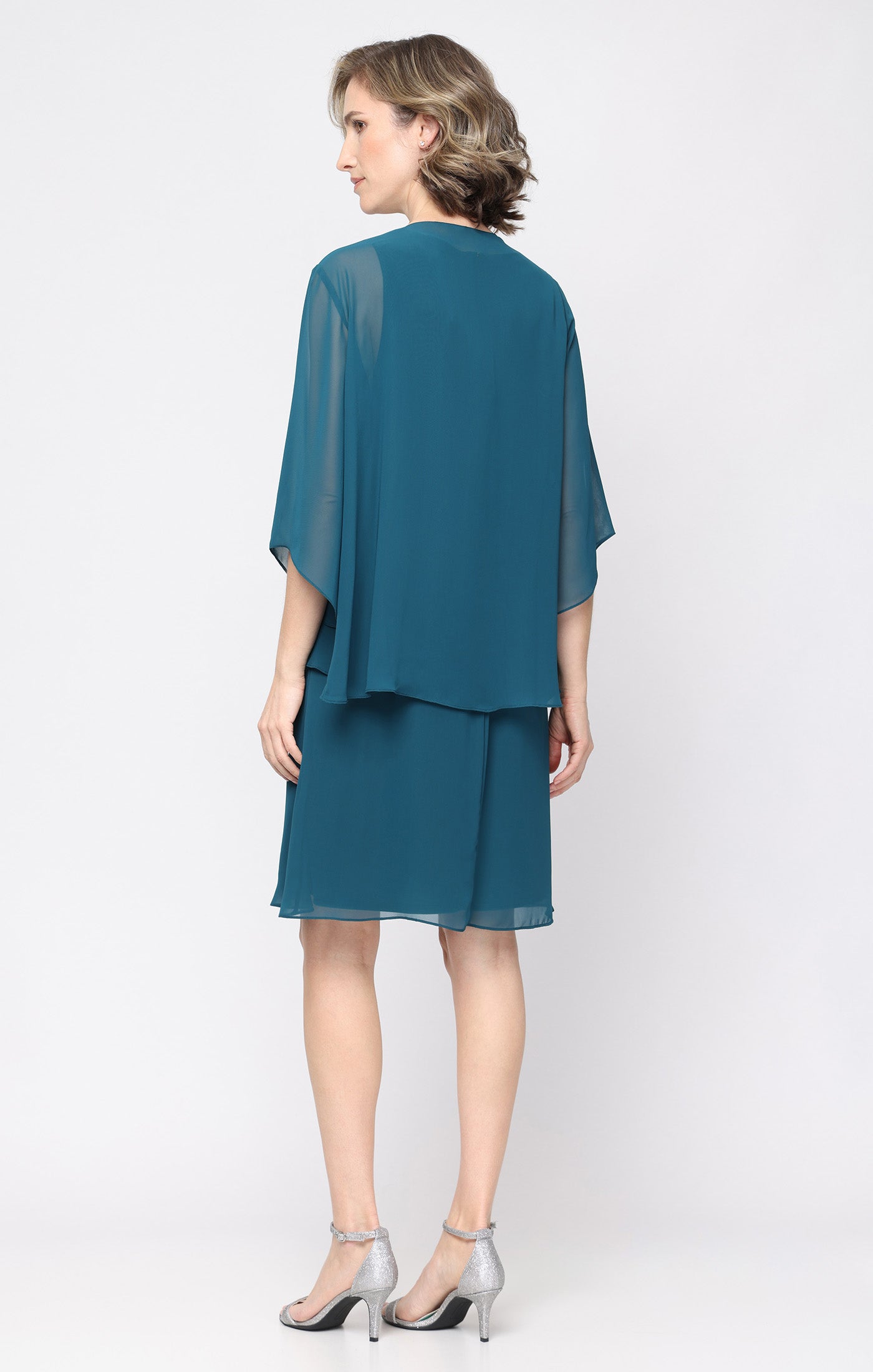 Short V-Neck Chiffon Jacket Dress with Front Cascade Detail and Beaded Shoulder
