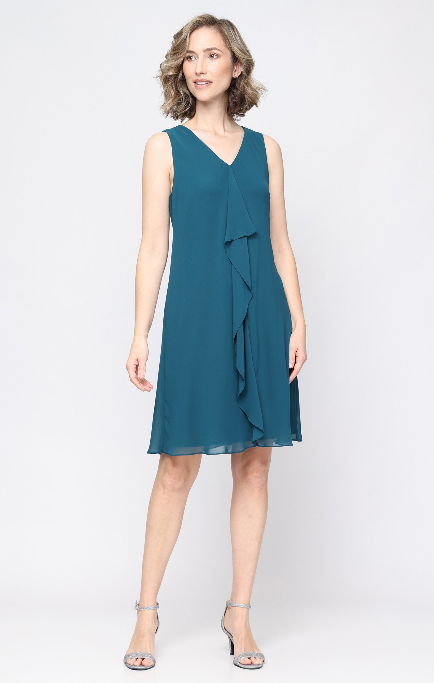 Short V-Neck Chiffon Jacket Dress with Front Cascade Detail and Beaded Shoulder