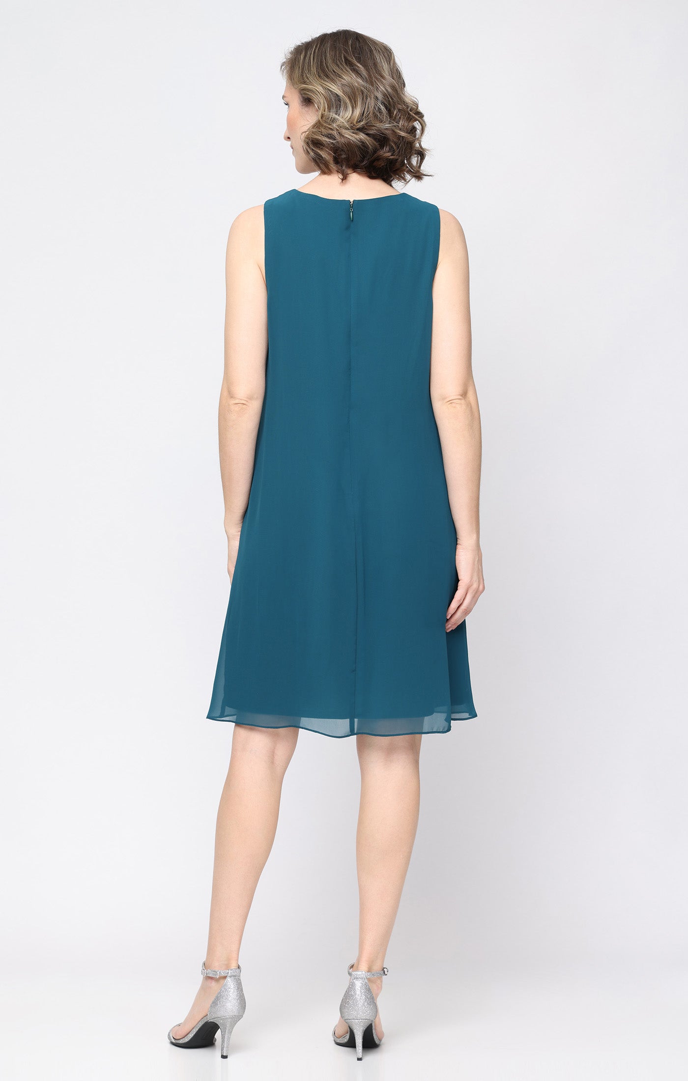Short V-Neck Chiffon Jacket Dress with Front Cascade Detail and Beaded Shoulder