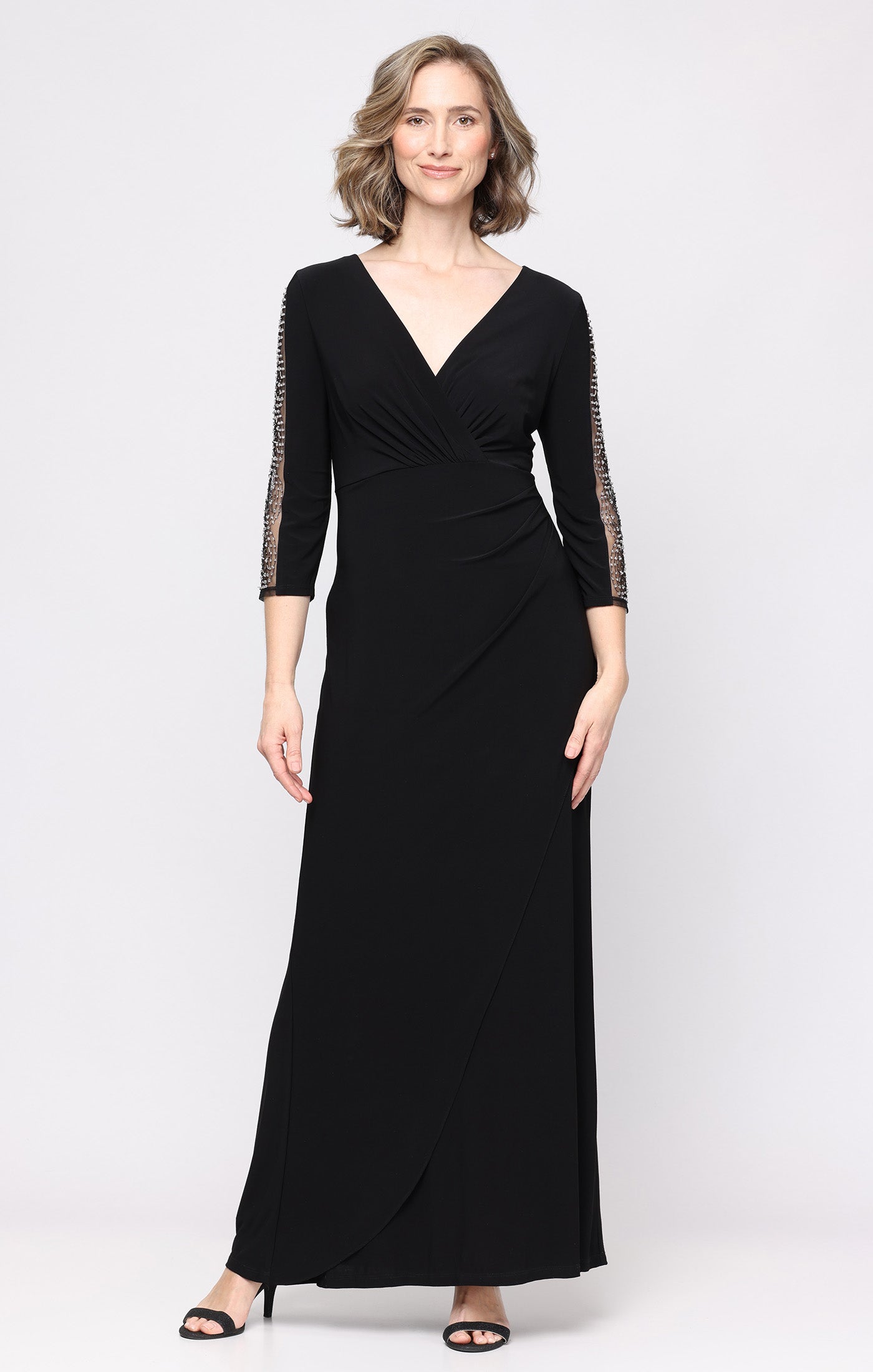 Long Matte Jersey Empire Waist Dress with Surplice Neckline Beaded Illusion Detail Sleeves