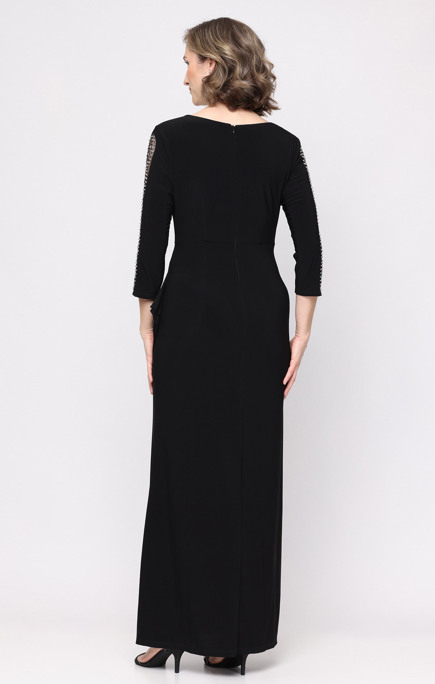 Long Matte Jersey Empire Waist Dress with Surplice Neckline Beaded Illusion Detail Sleeves