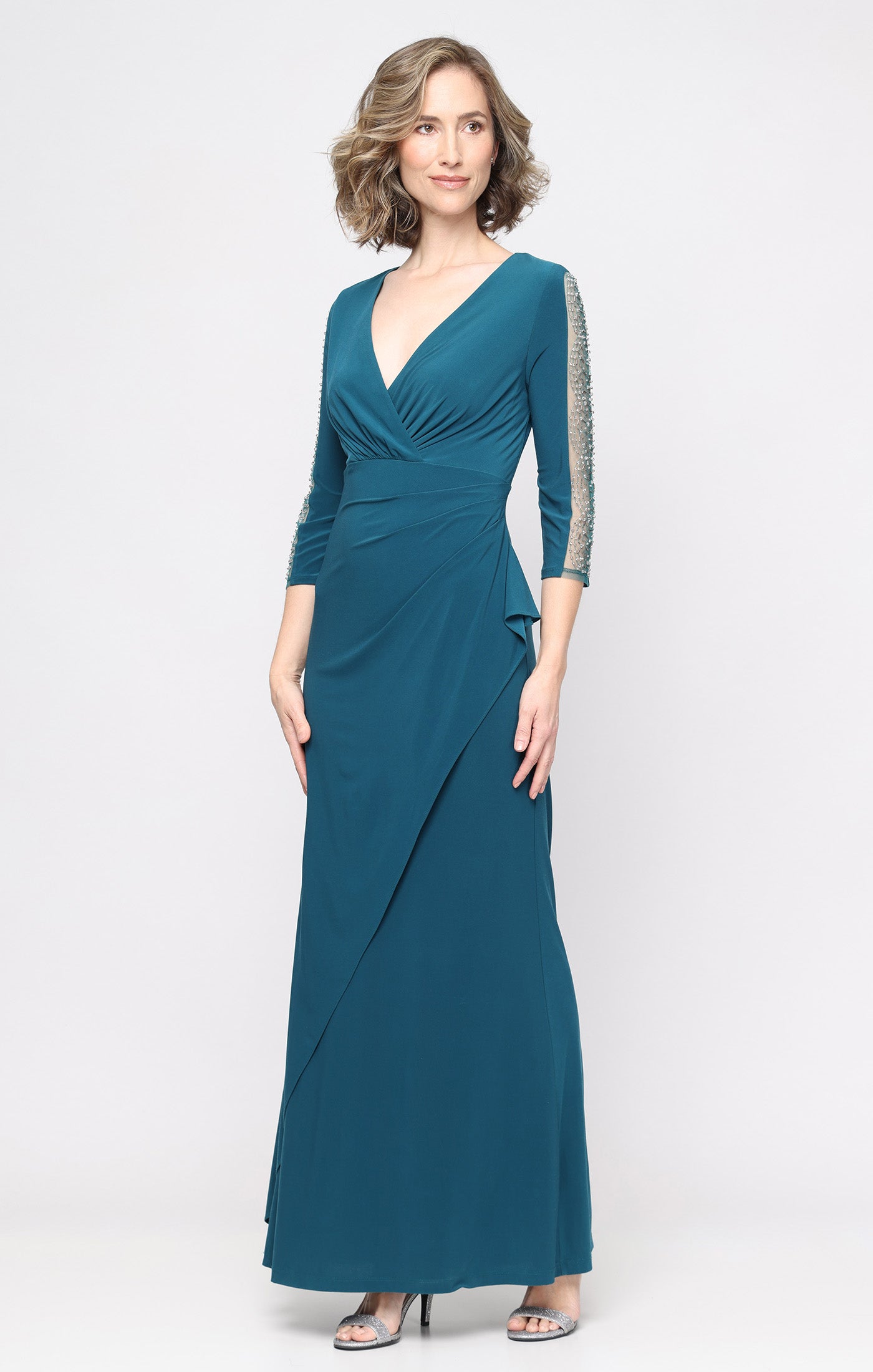 Long Matte Jersey Empire Waist Dress with Surplice Neckline Beaded Illusion Detail Sleeves