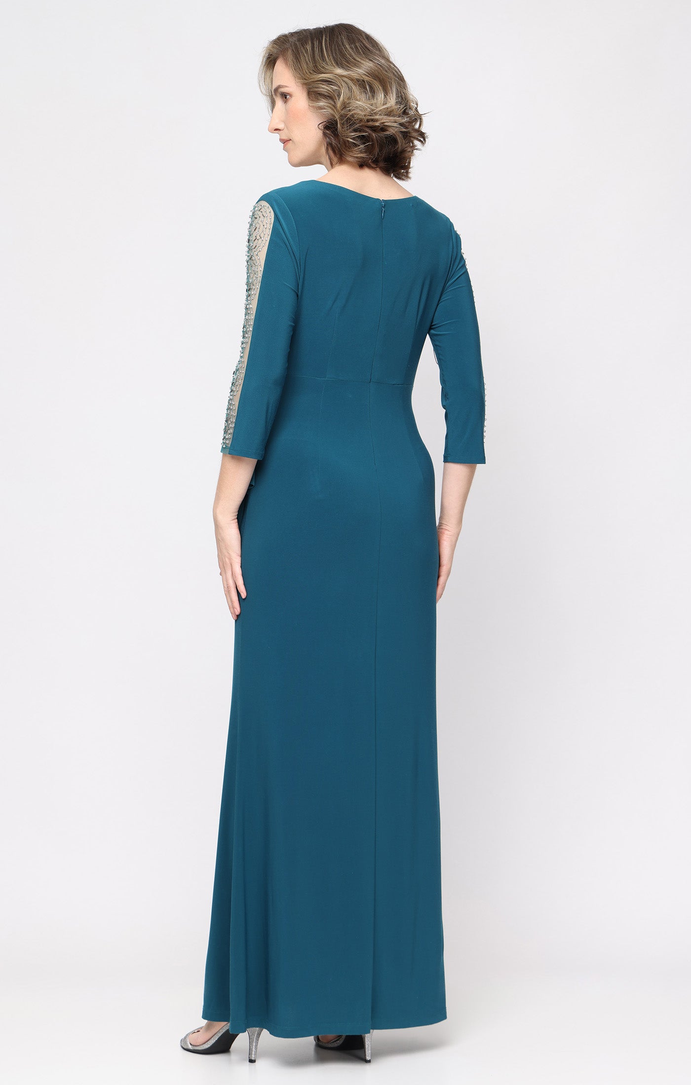 Long Matte Jersey Empire Waist Dress with Surplice Neckline Beaded Illusion Detail Sleeves