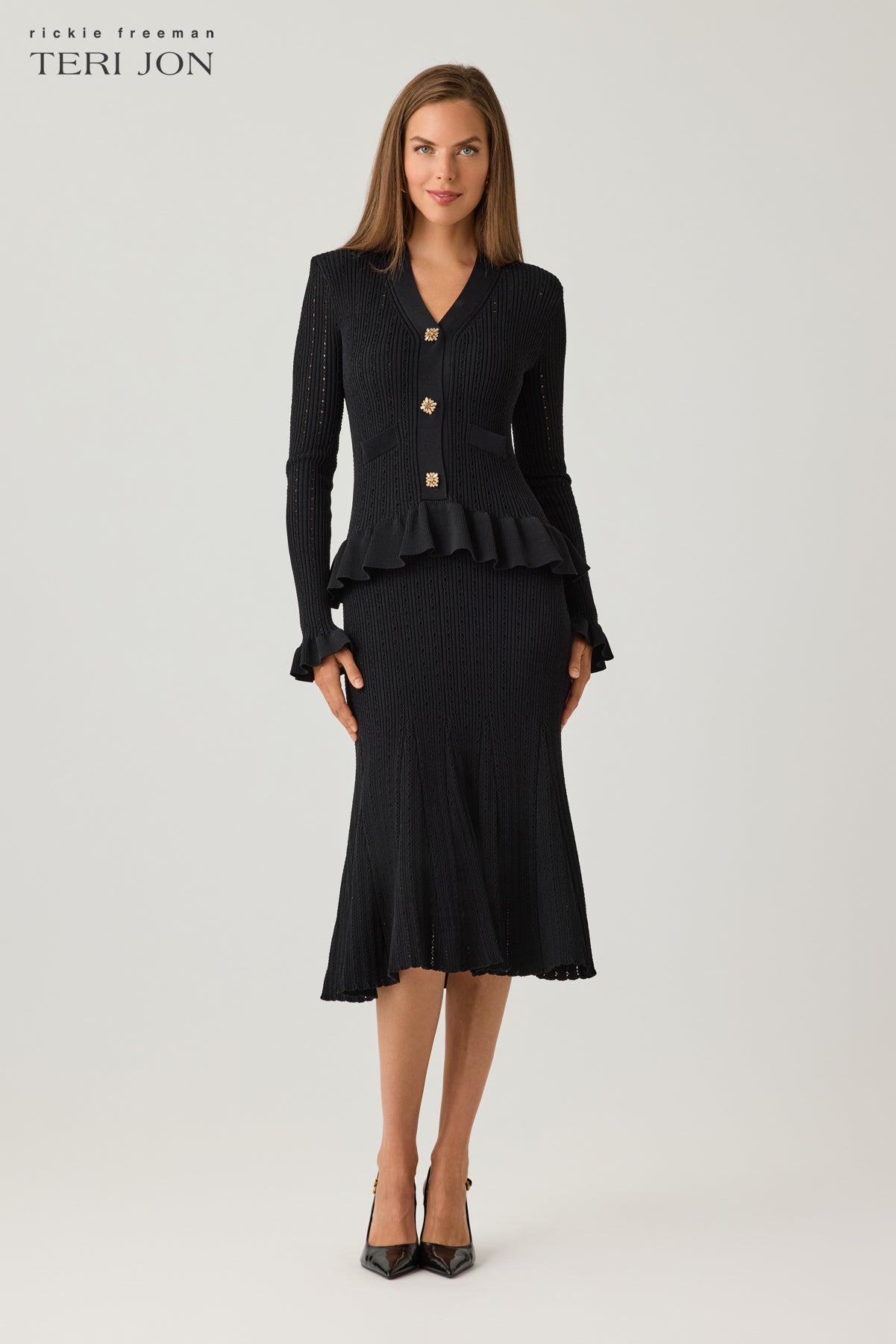 Pointelle Knit Peplum Dress with Jewel Buttons