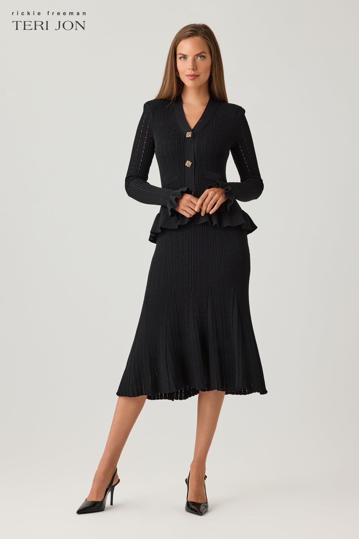 Pointelle Knit Peplum Dress with Jewel Buttons