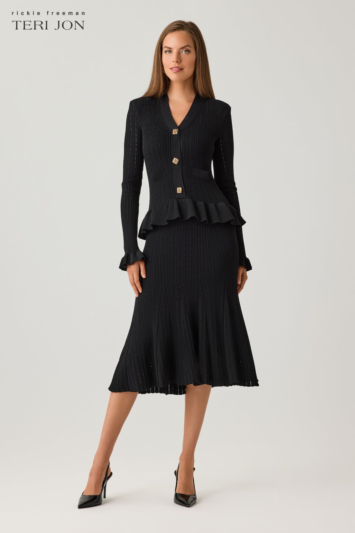 Pointelle Knit Peplum Dress with Jewel Buttons