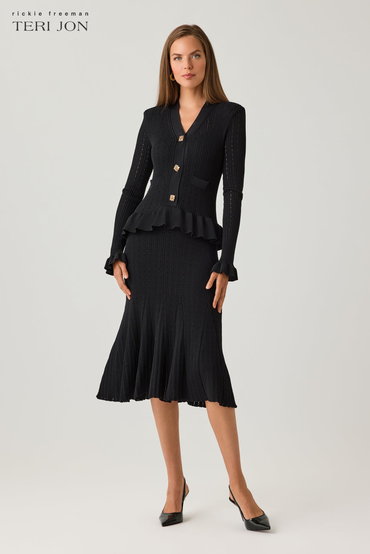 Pointelle Knit Peplum Dress with Jewel Buttons