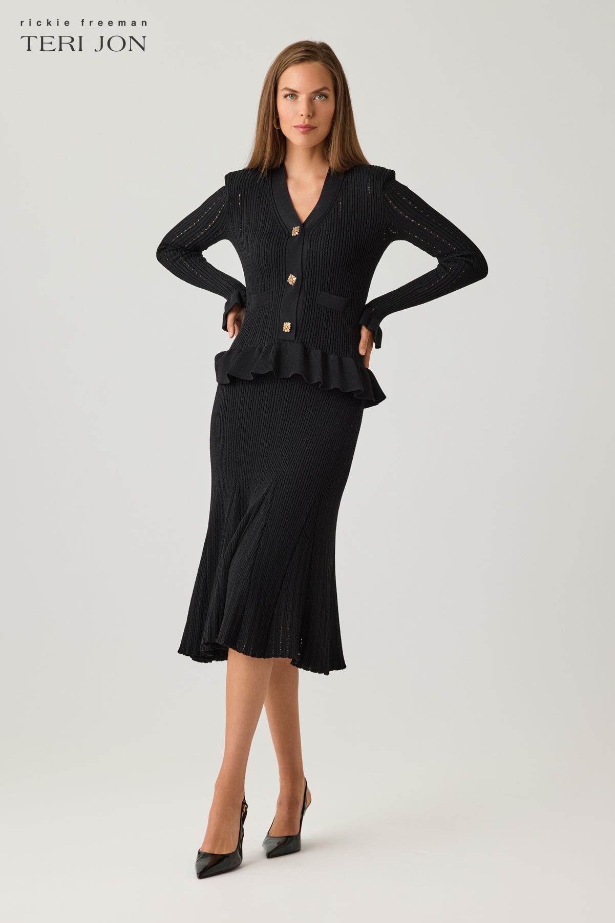 Pointelle Knit Peplum Dress with Jewel Buttons
