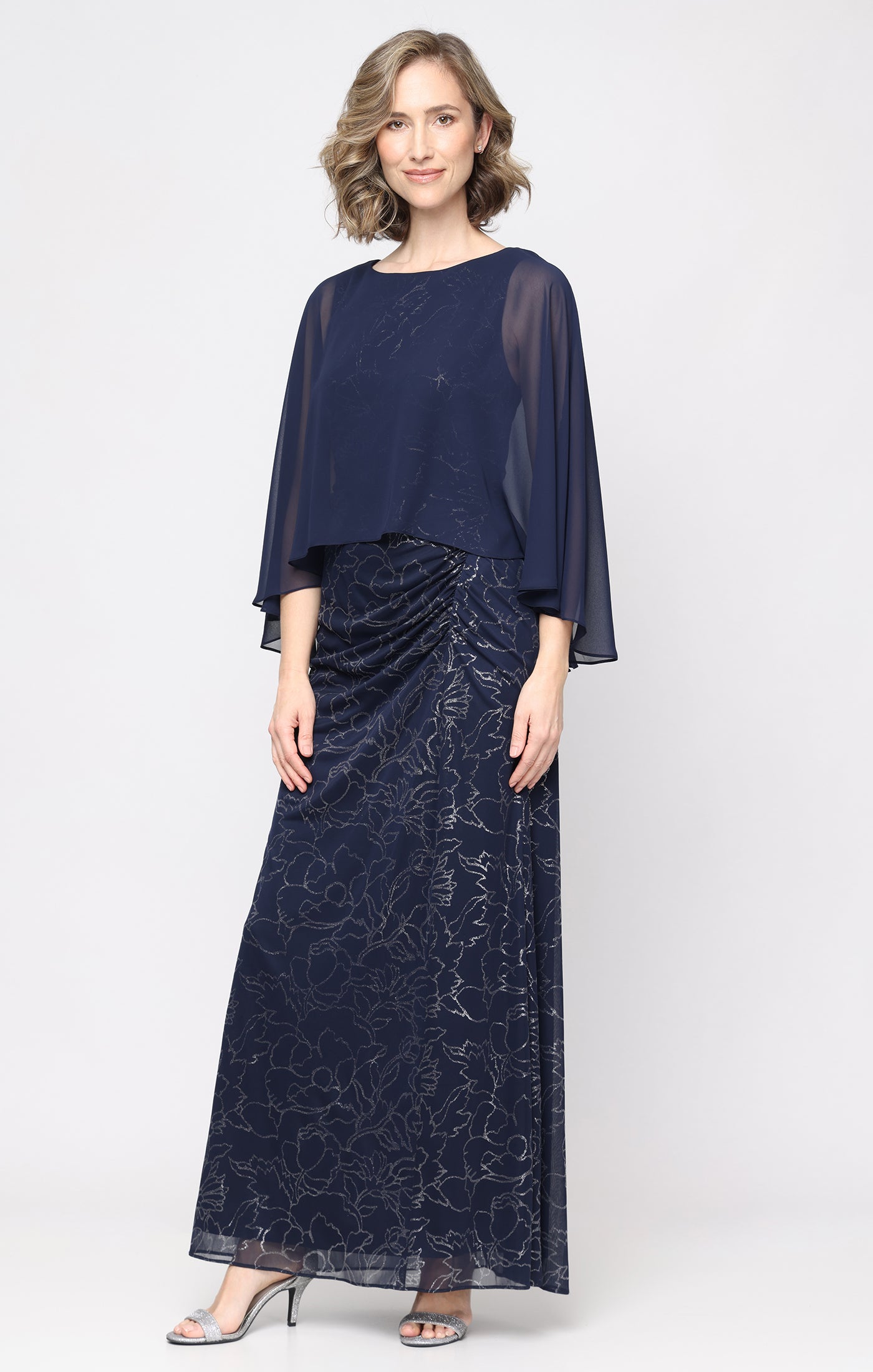 Long Glitter Mesh Dress with Gathered Detail and Chiffon Overlay Bodice
