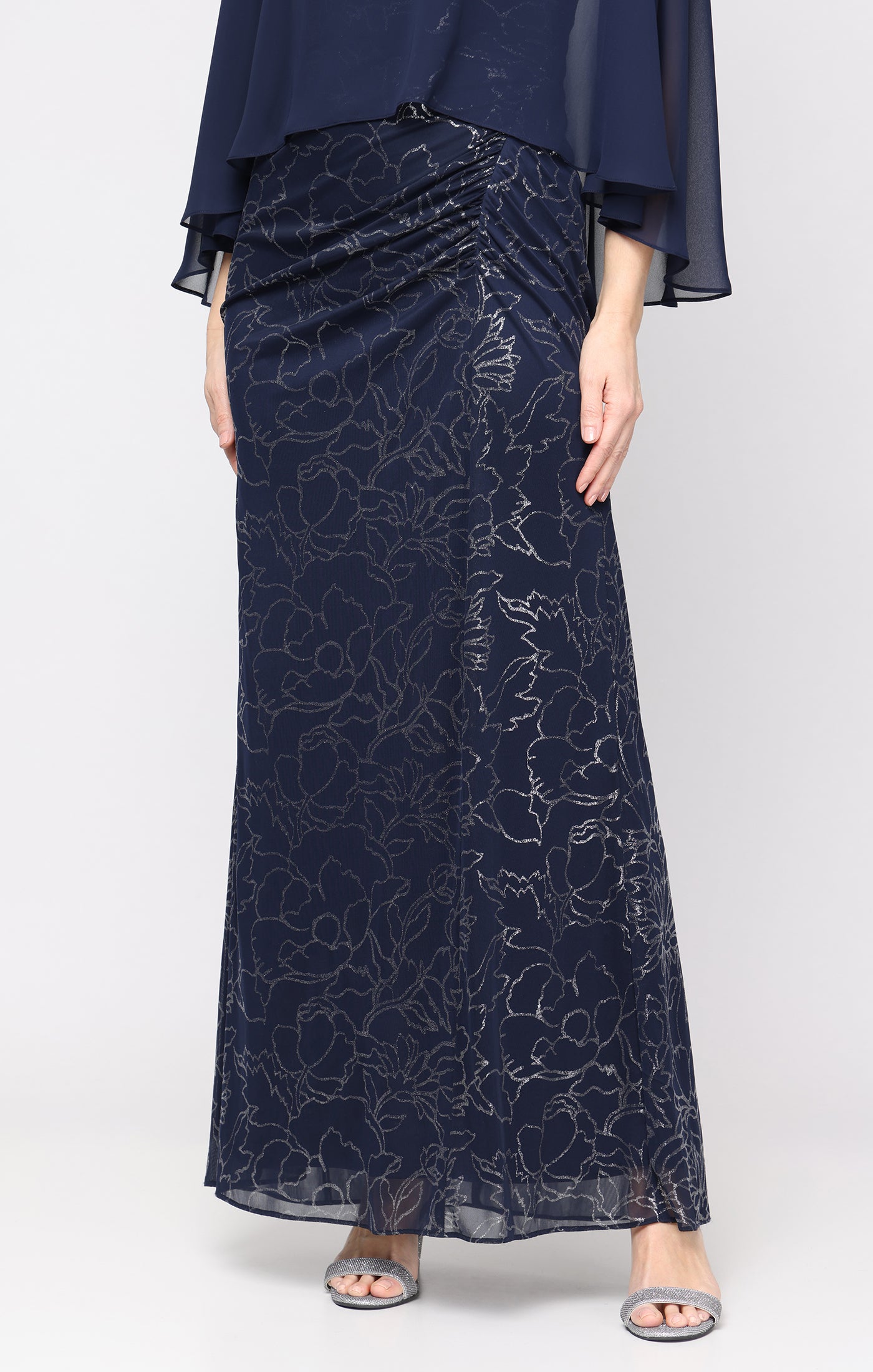 Long Glitter Mesh Dress with Gathered Detail and Chiffon Overlay Bodice