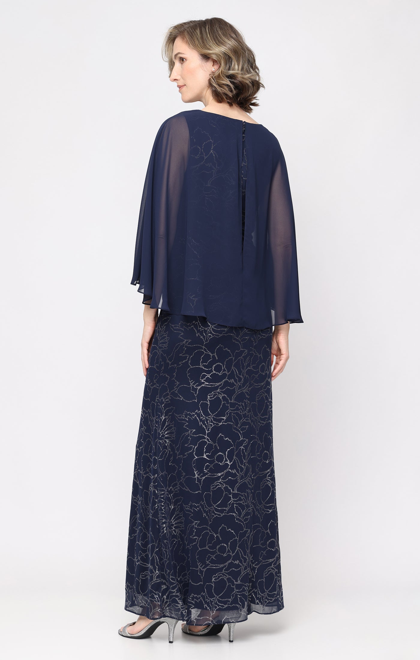 Long Glitter Mesh Dress with Gathered Detail and Chiffon Overlay Bodice