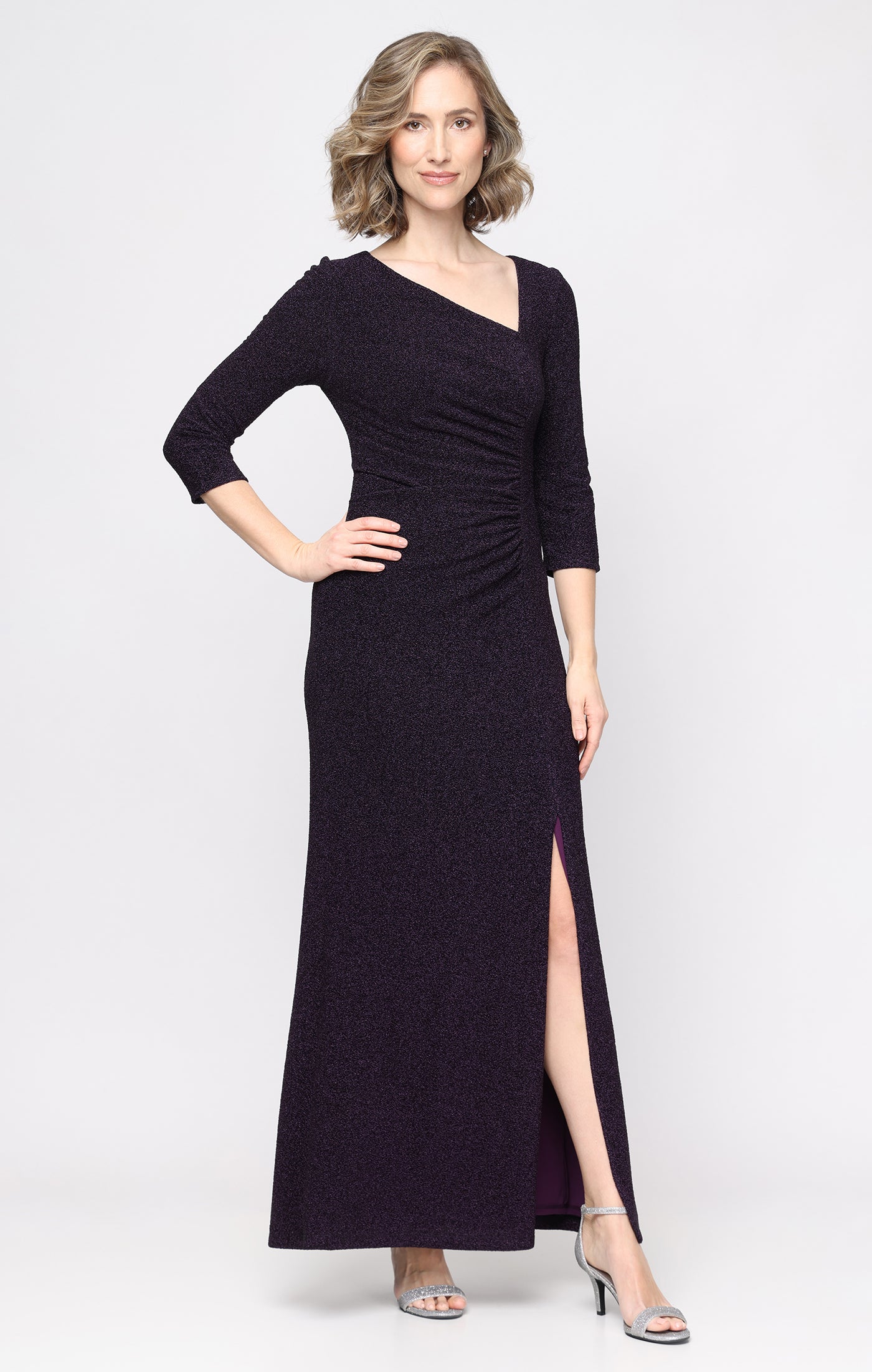 Long Metallic Knit Dress with L-Neckline, Ruched Waist and Front Slit