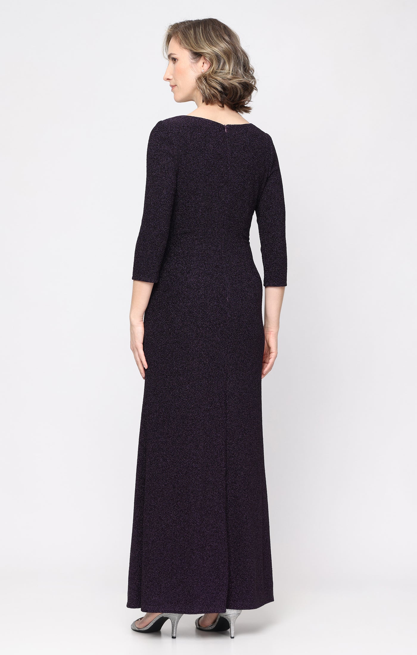 Long Metallic Knit Dress with L-Neckline, Ruched Waist and Front Slit