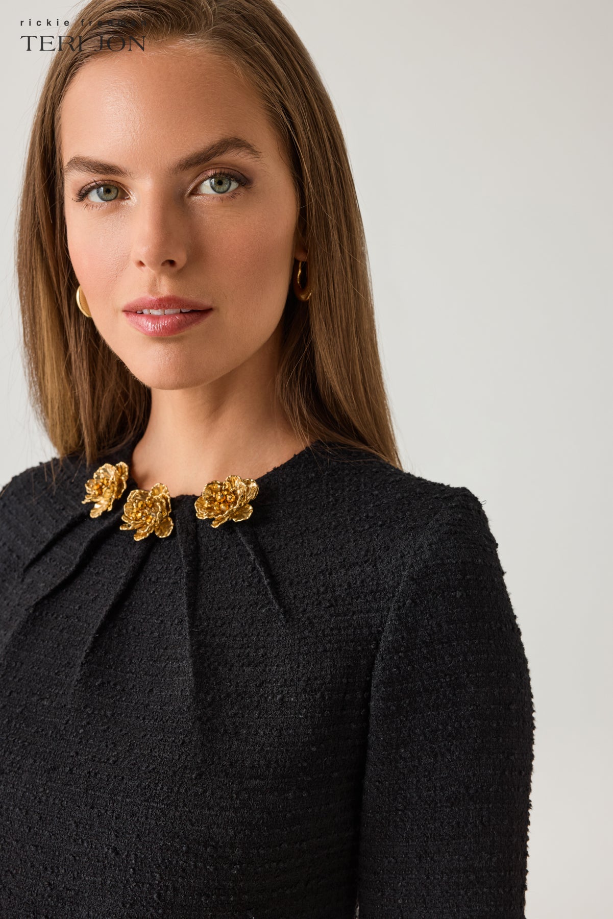 Tweed Dress with Gold Metal Three Flower Neck Applique