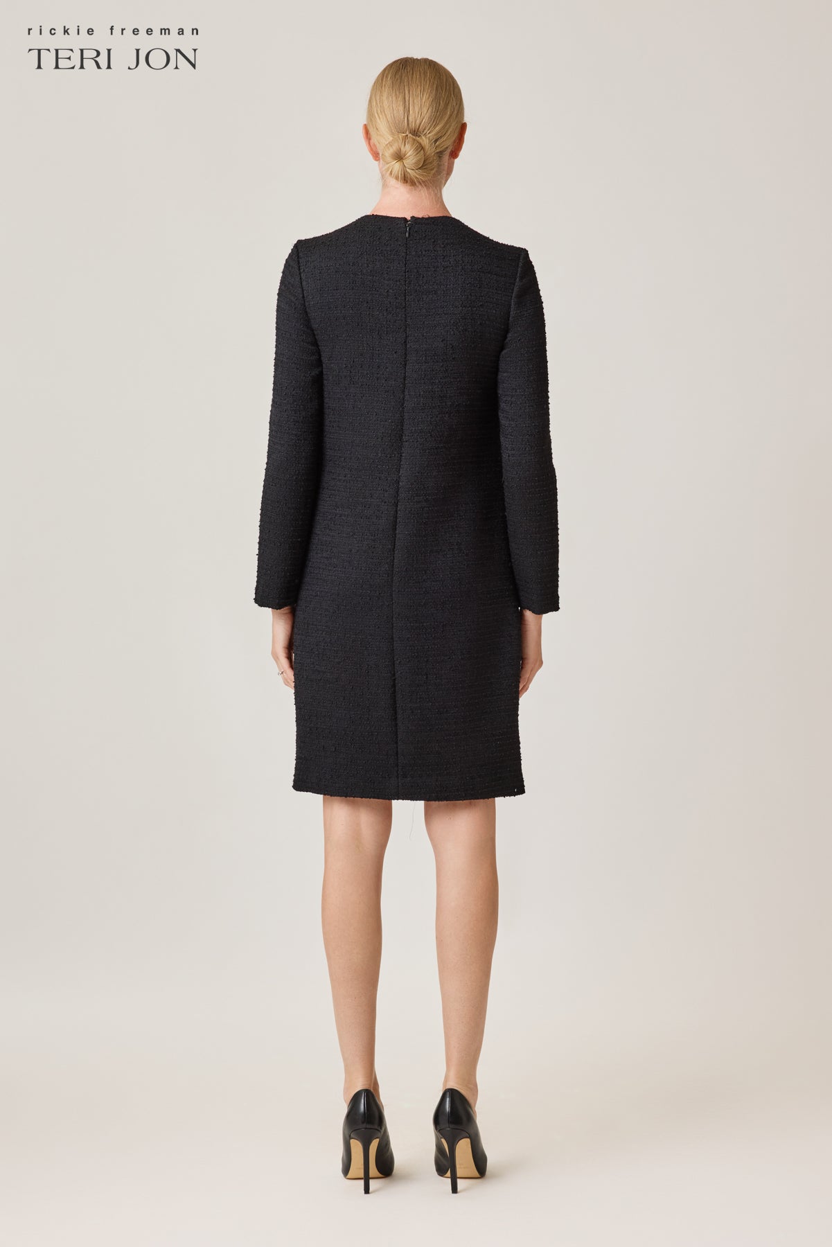 Tweed Dress with Gold Metal Three Flower Neck Applique