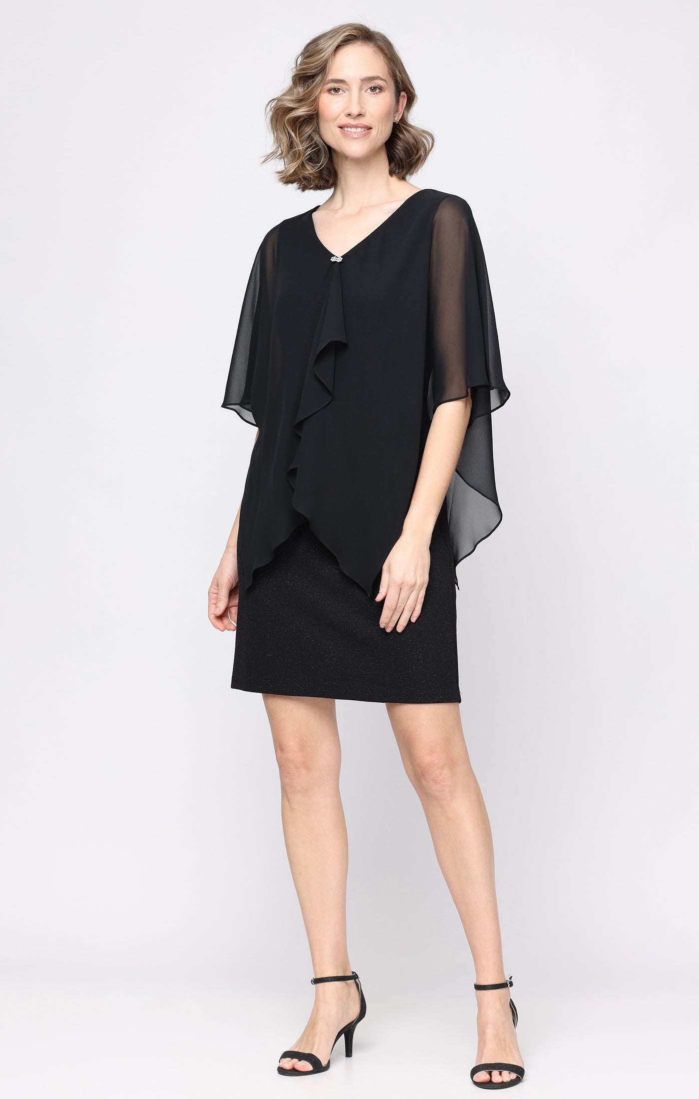 Short Glitter Knit Sheath V-Neck Dress with Cascade Chiffon Overlay Bodice and Embellished