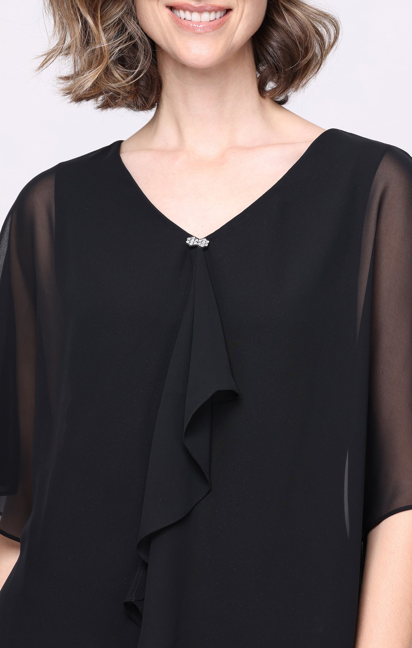 Short Glitter Knit Sheath V-Neck Dress with Cascade Chiffon Overlay Bodice and Embellished