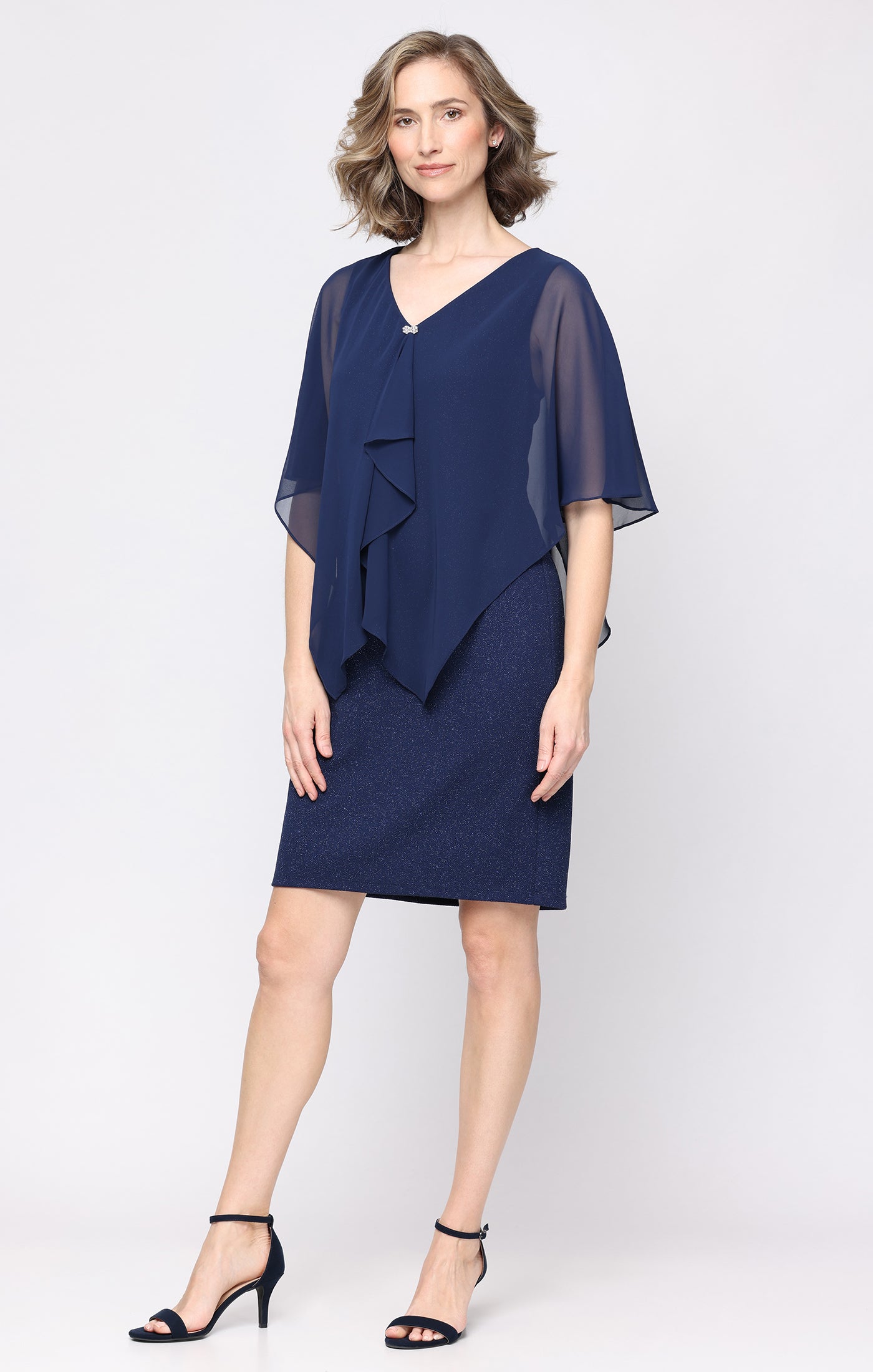 Short Glitter Knit Sheath V-Neck Dress with Cascade Chiffon Overlay Bodice and Embellished