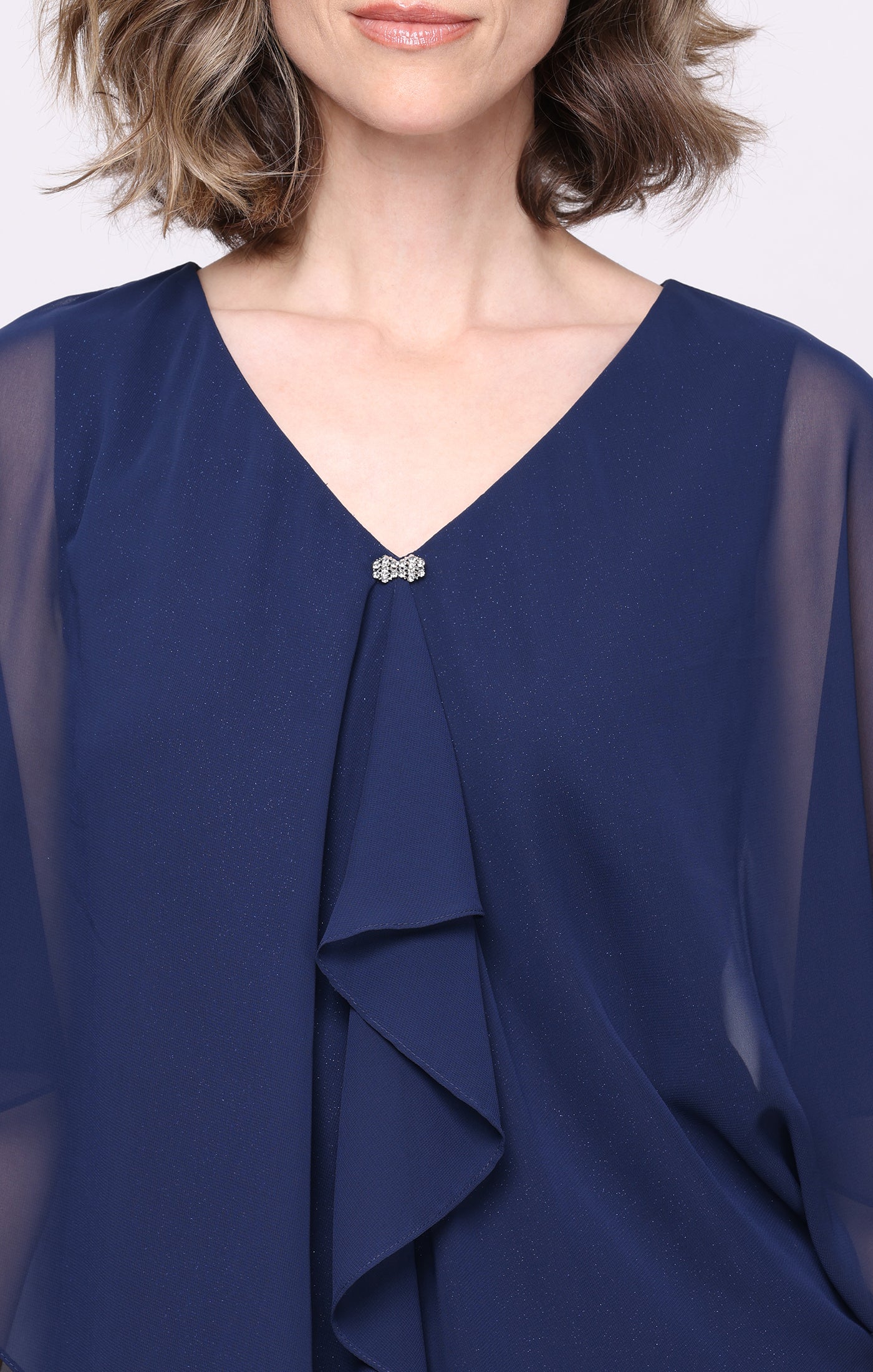 Short Glitter Knit Sheath V-Neck Dress with Cascade Chiffon Overlay Bodice and Embellished