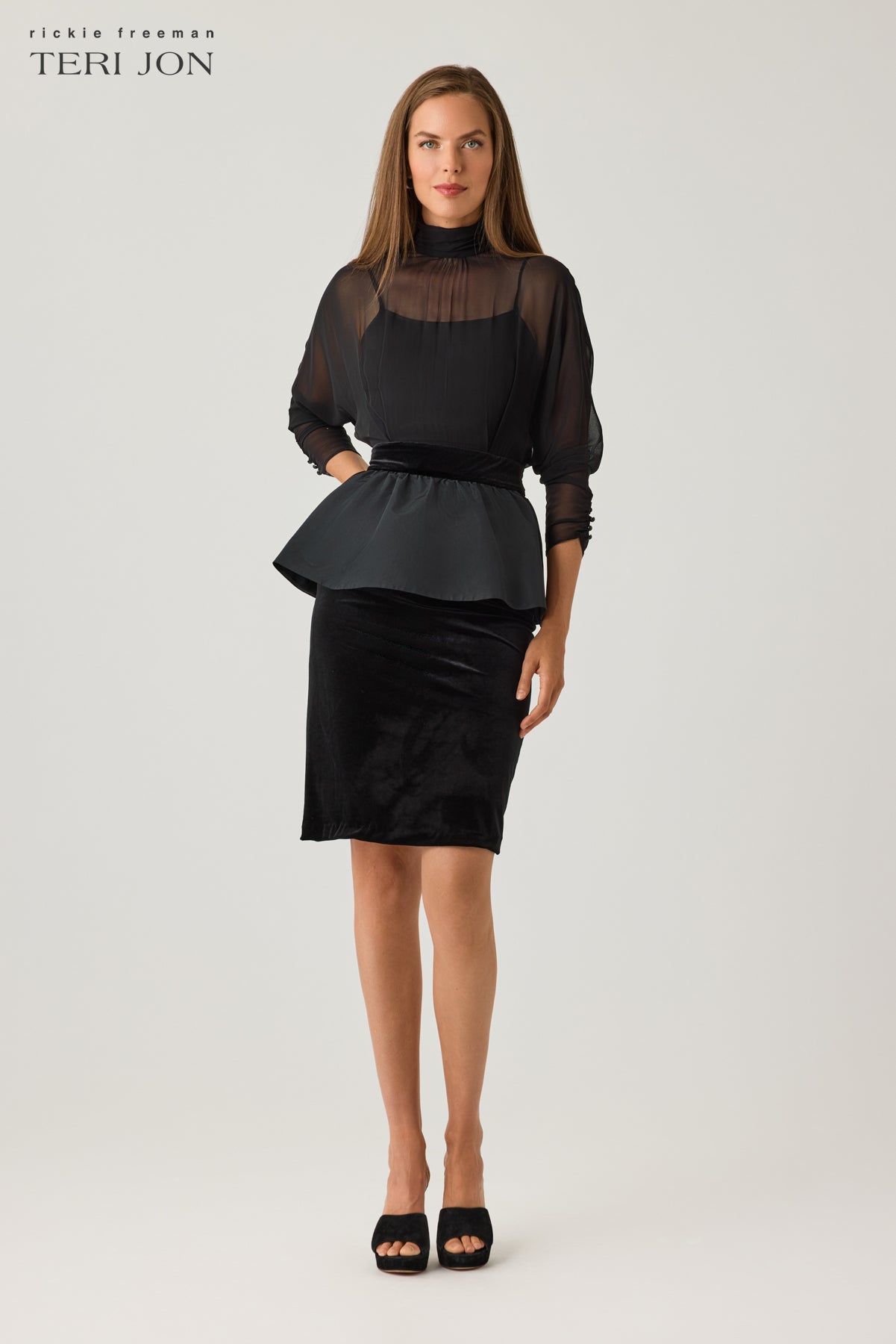 Chiffon Mock Neck Dress with Velvet Belt and Skirt