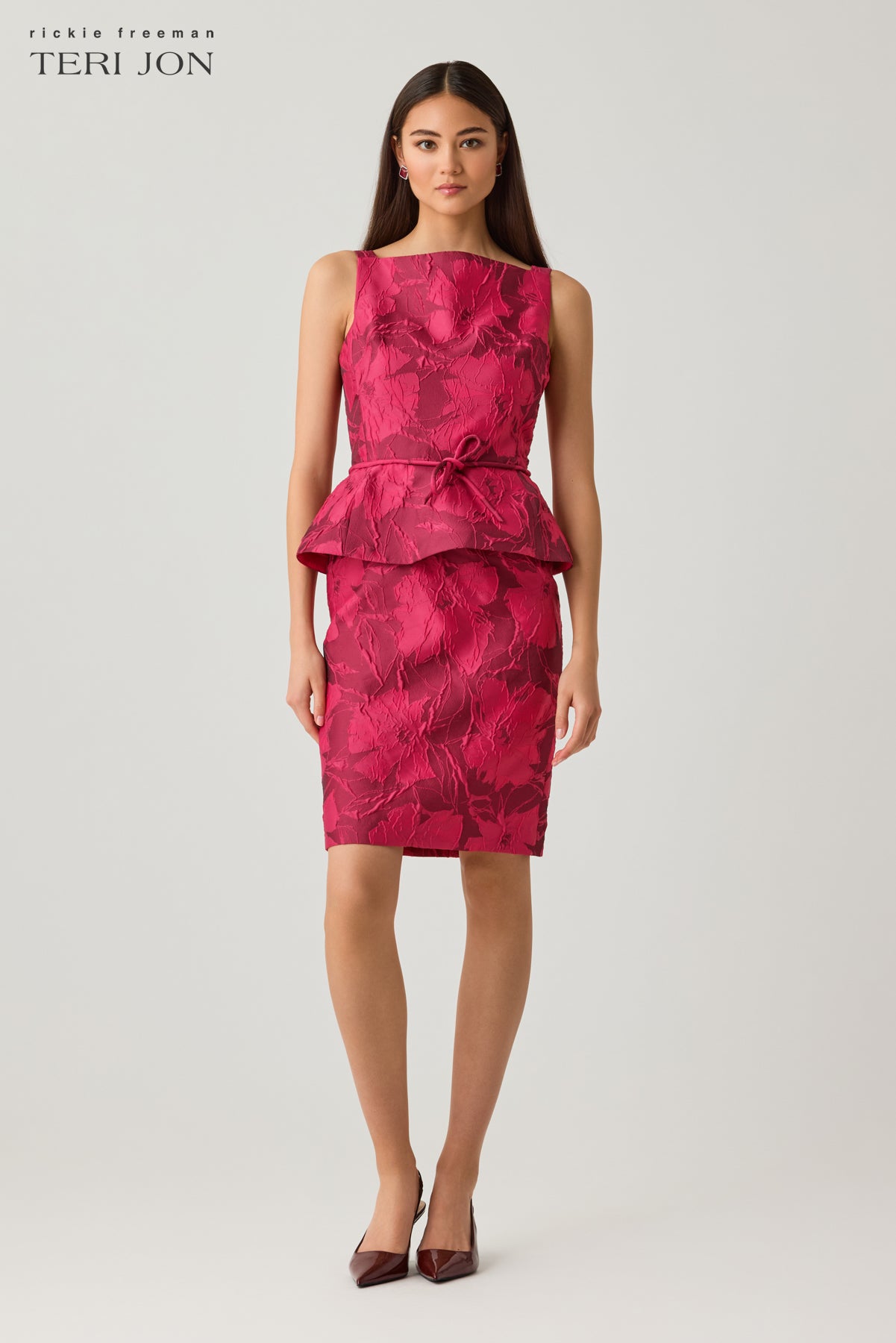 Jacquard Floral Sleeveless Peplum Dress with Bow Belt