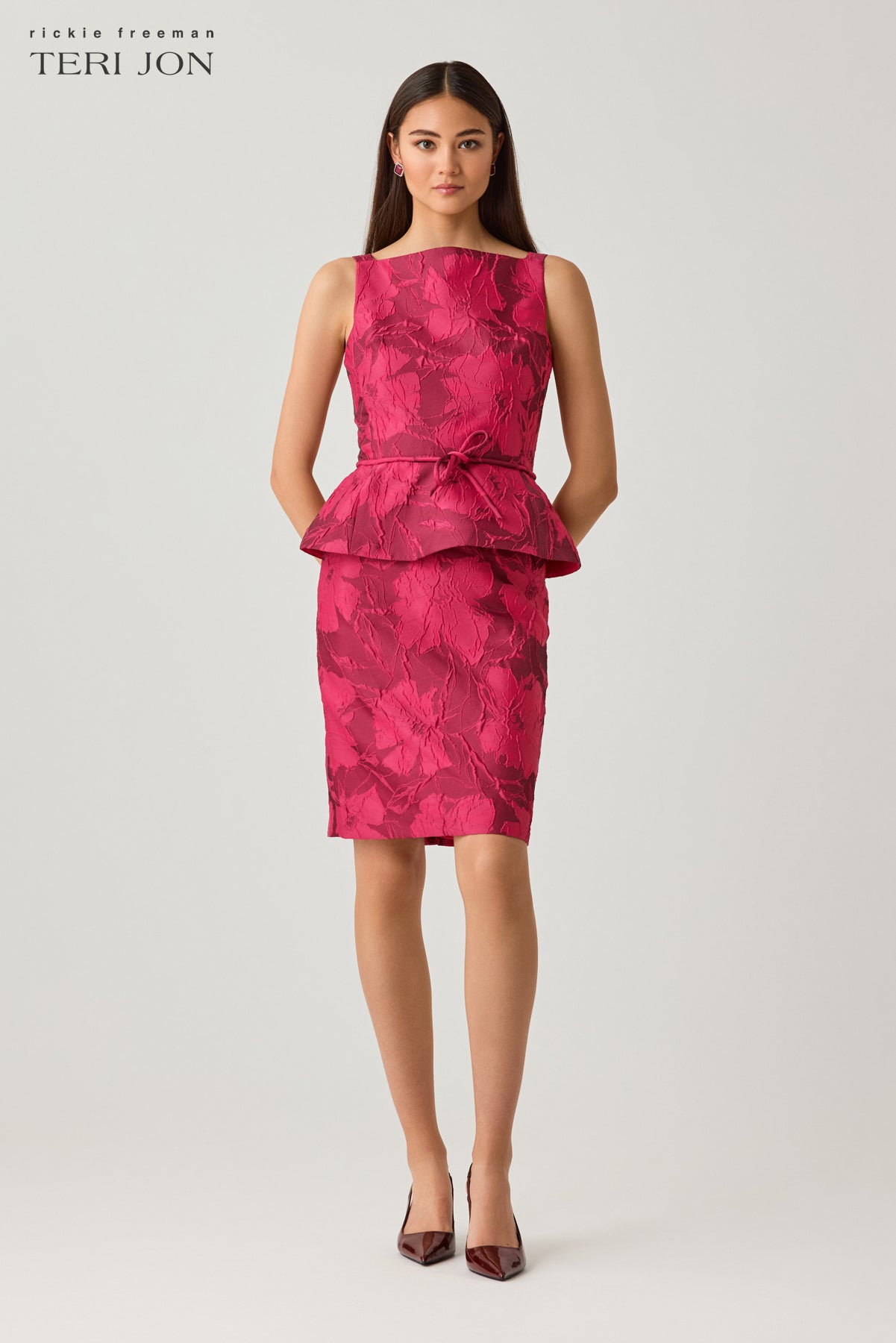Jacquard Floral Sleeveless Peplum Dress with Bow Belt