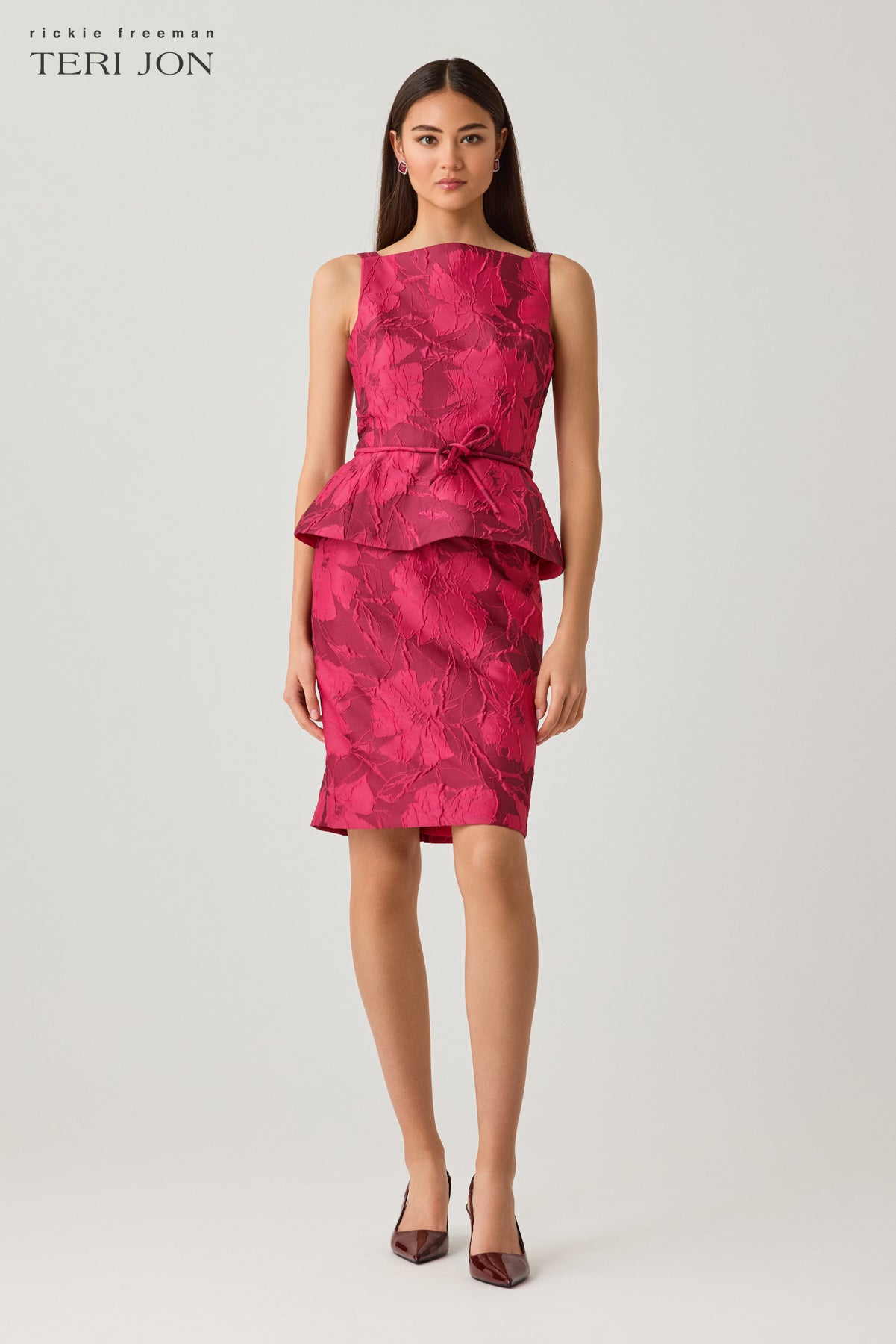 Jacquard Floral Sleeveless Peplum Dress with Bow Belt