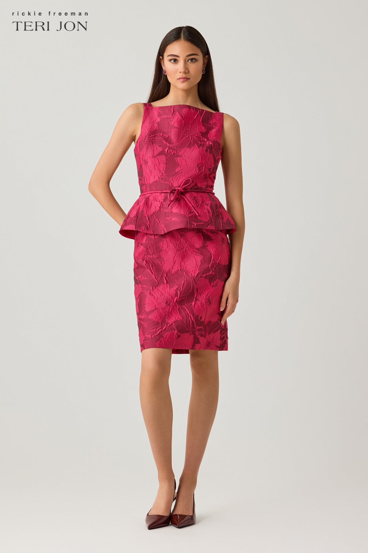 Jacquard Floral Sleeveless Peplum Dress with Bow Belt
