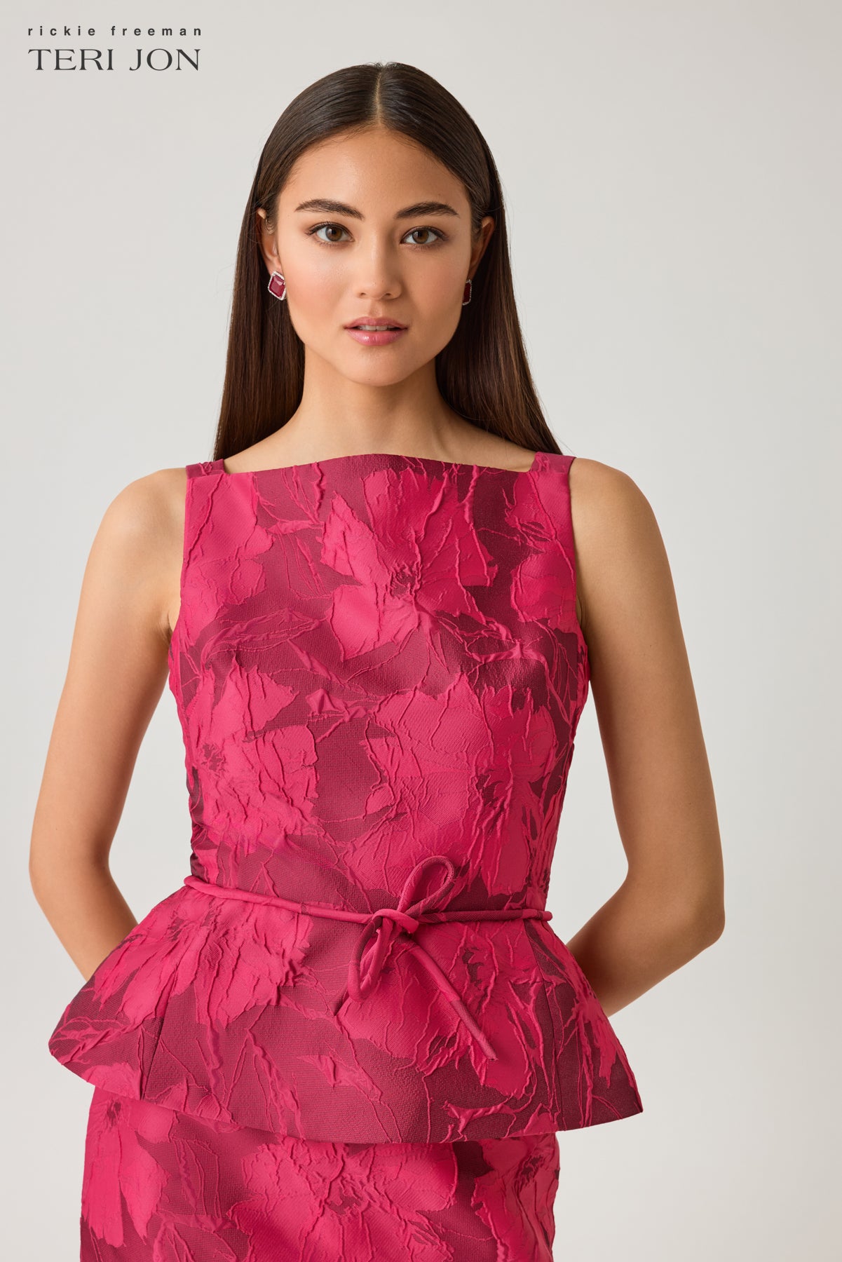 Jacquard Floral Sleeveless Peplum Dress with Bow Belt