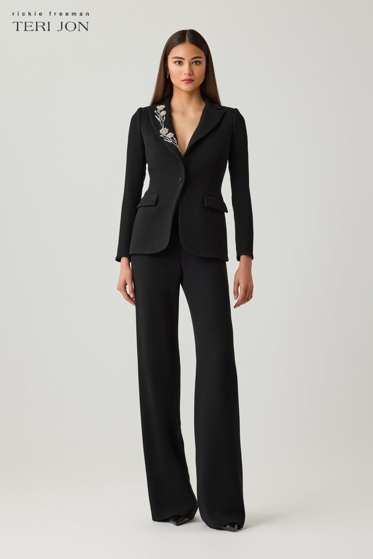 Crepe Blazer Jacket with Rhinestone Floral Motif Trim