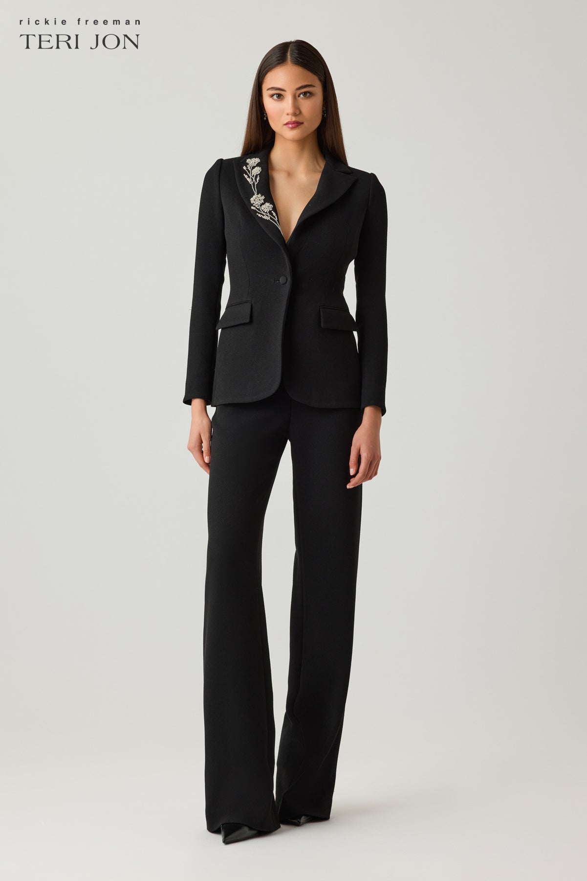 Crepe Blazer Jacket with Rhinestone Floral Motif Trim