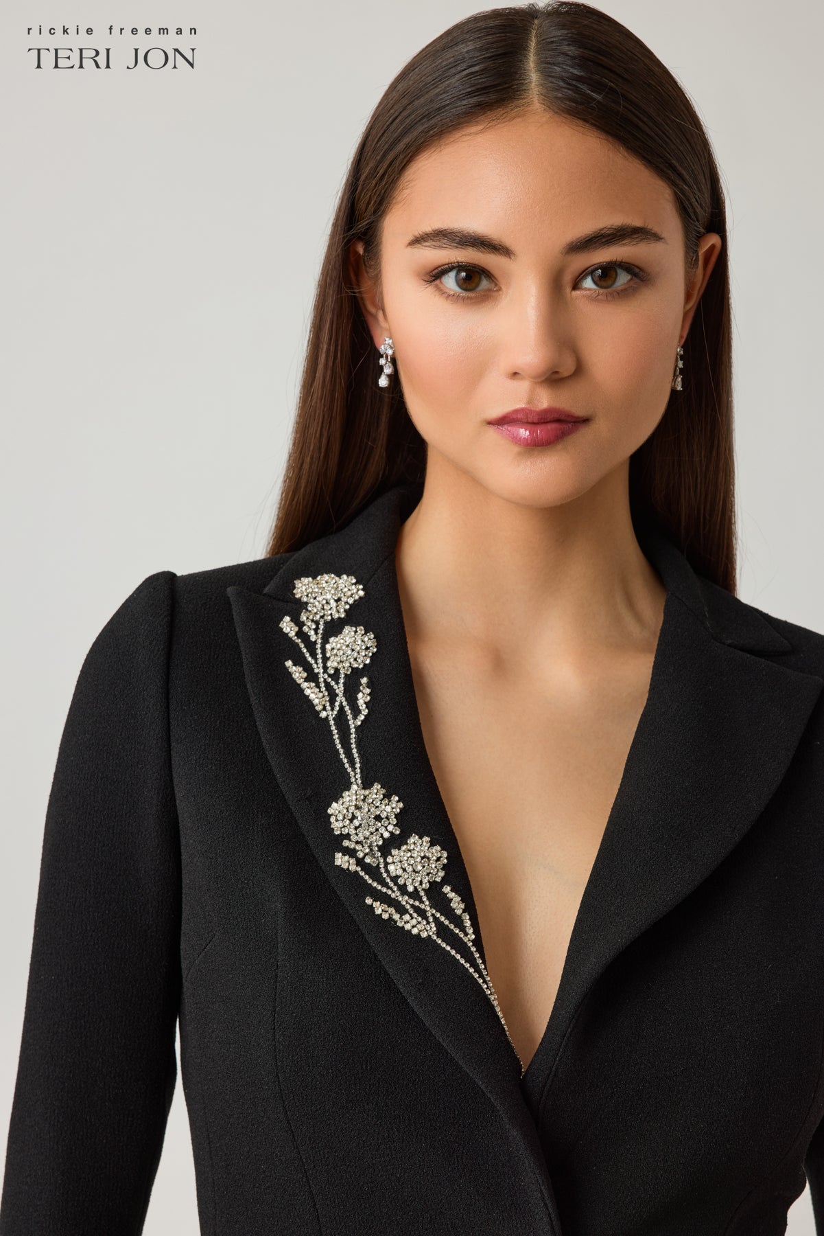 Crepe Blazer Jacket with Rhinestone Floral Motif Trim