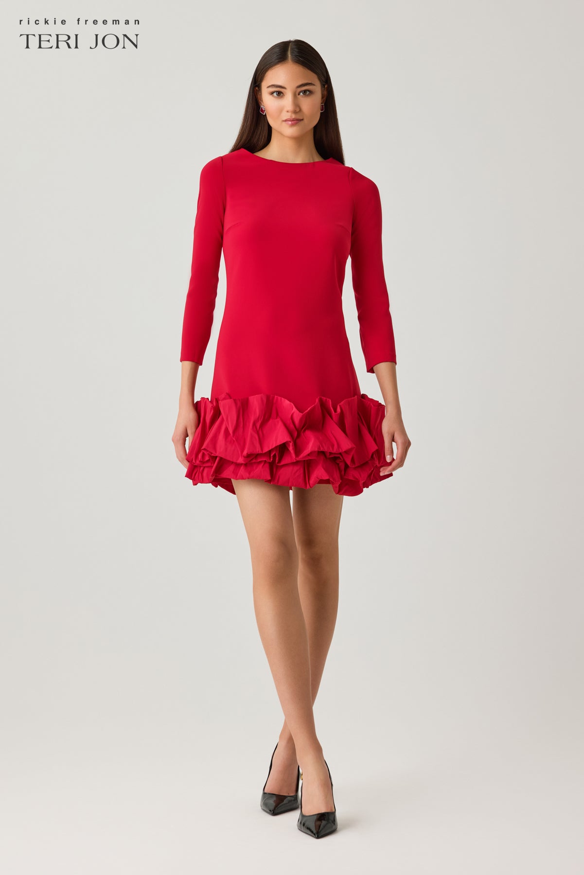 Crepe 3/4 Sleeve Dress with Taffeta Ruffle Hem