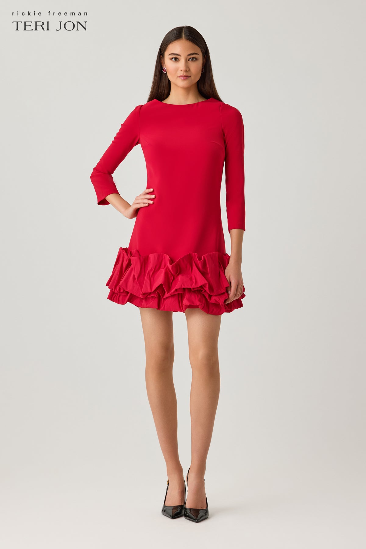 Crepe 3/4 Sleeve Dress with Taffeta Ruffle Hem