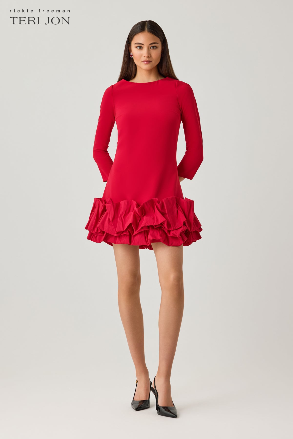 Crepe 3/4 Sleeve Dress with Taffeta Ruffle Hem